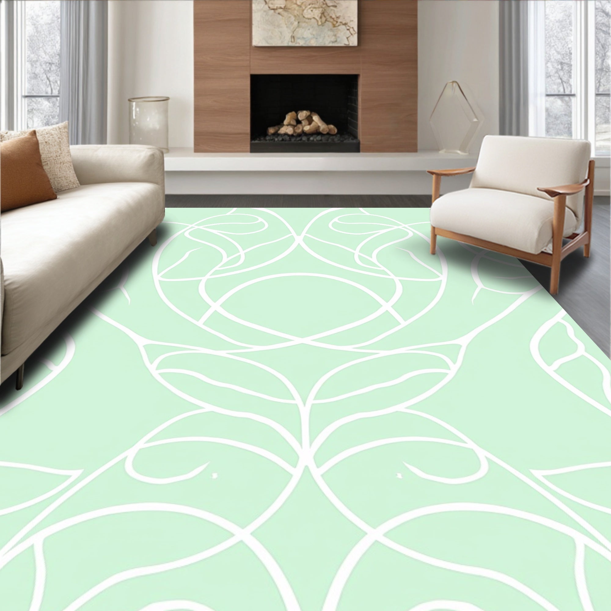 Pale Green White Curved Vine Rug