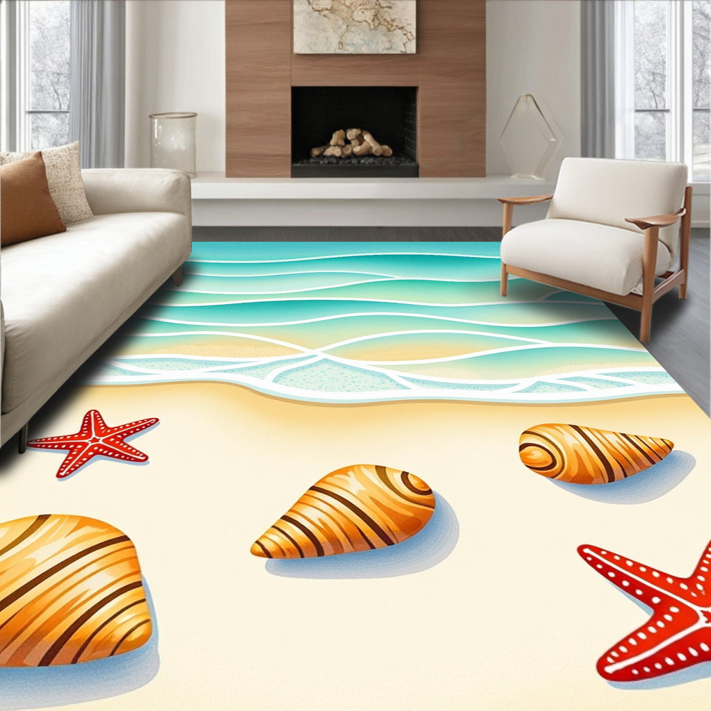 Coastal Turquoise Ocean Shell Starfish Rug
