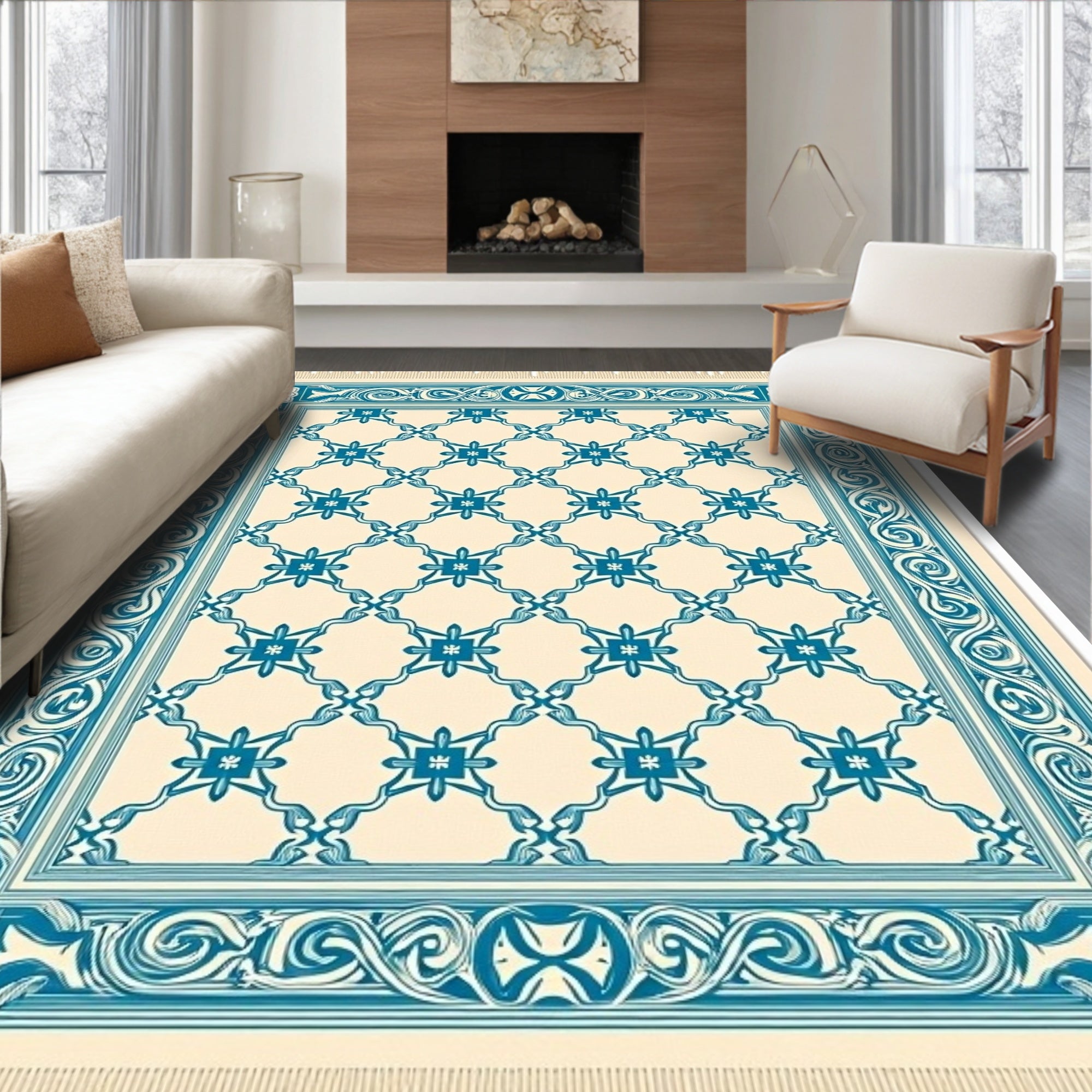 Cream and Teal Lattice Floral Border Rug
