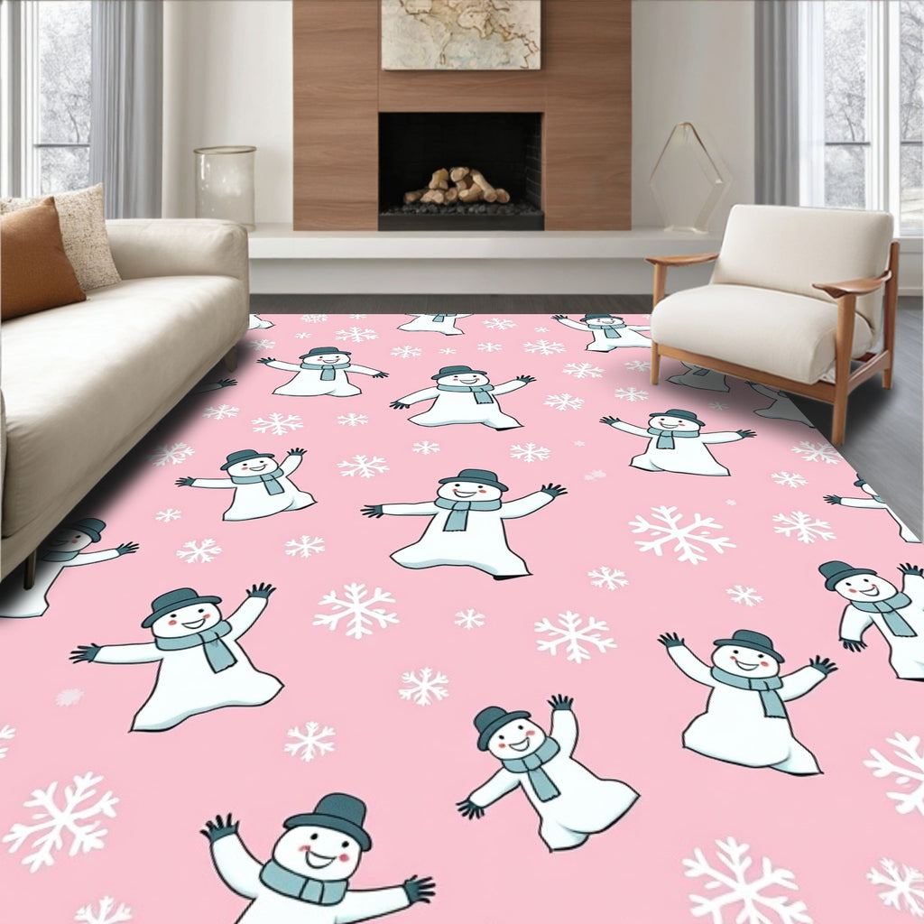 Pink Snowman Snowflakes Holiday Rug