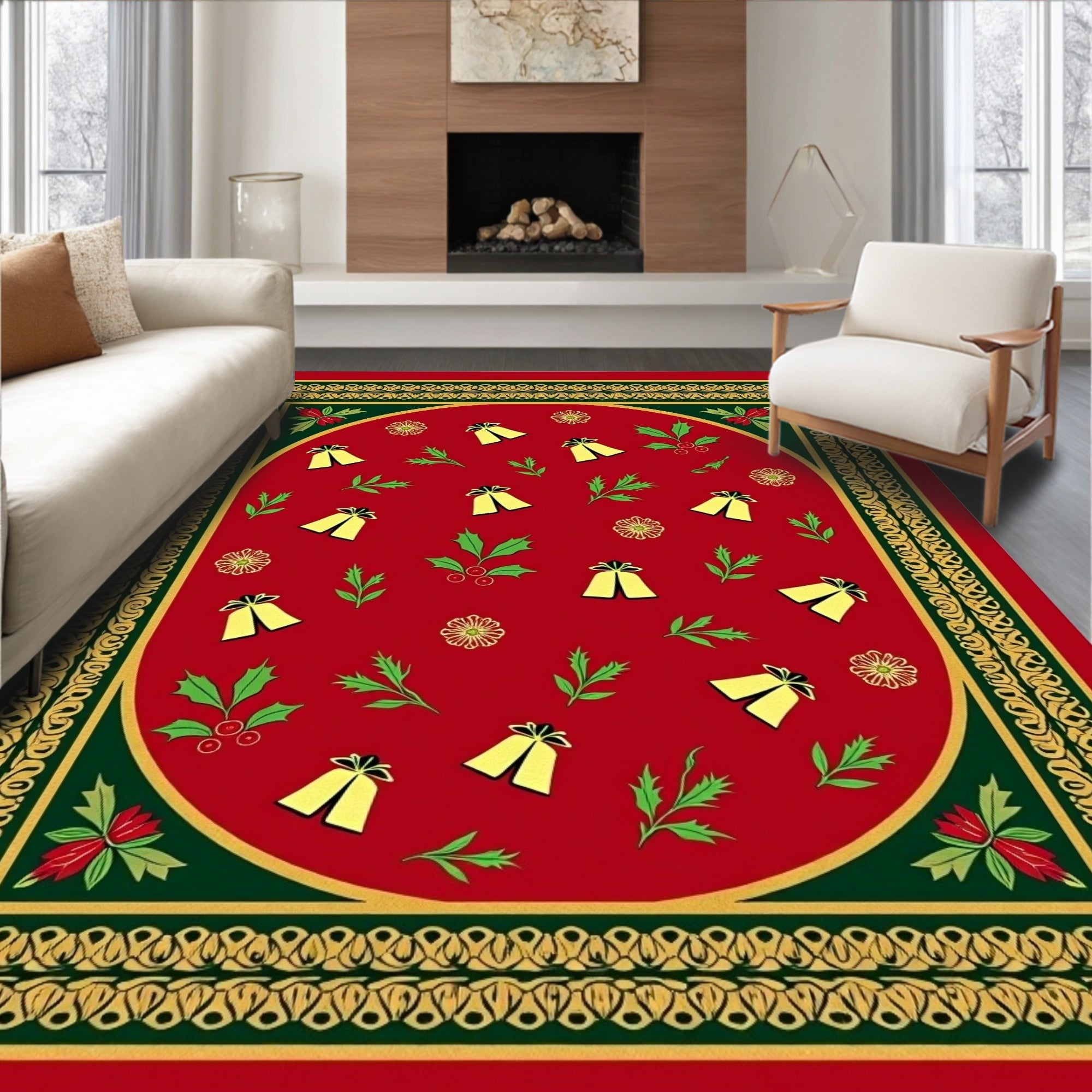 Red Golden Bell Festive Holly Border Rug