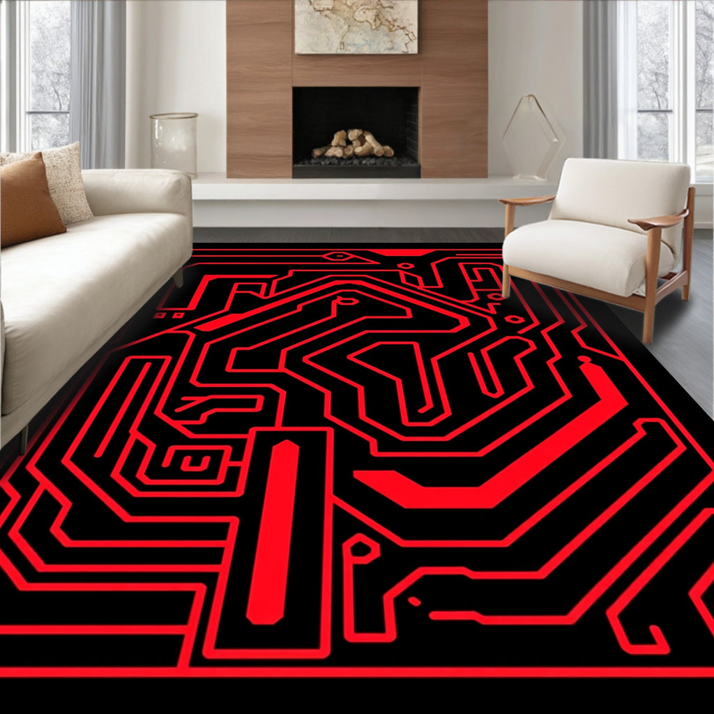 Bold Red Circuit Board Maze Rug