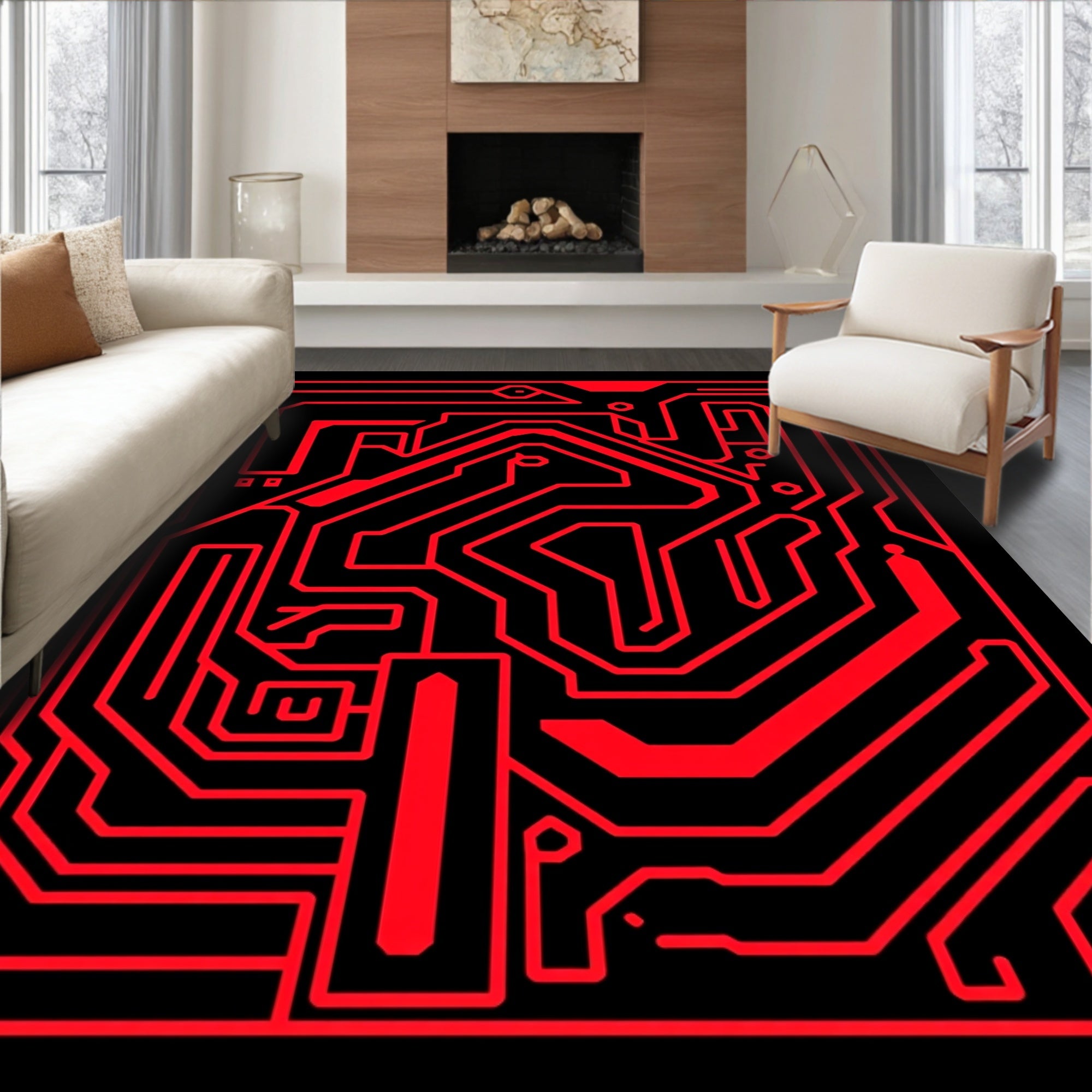 Bold Red Circuit Board Maze Rug