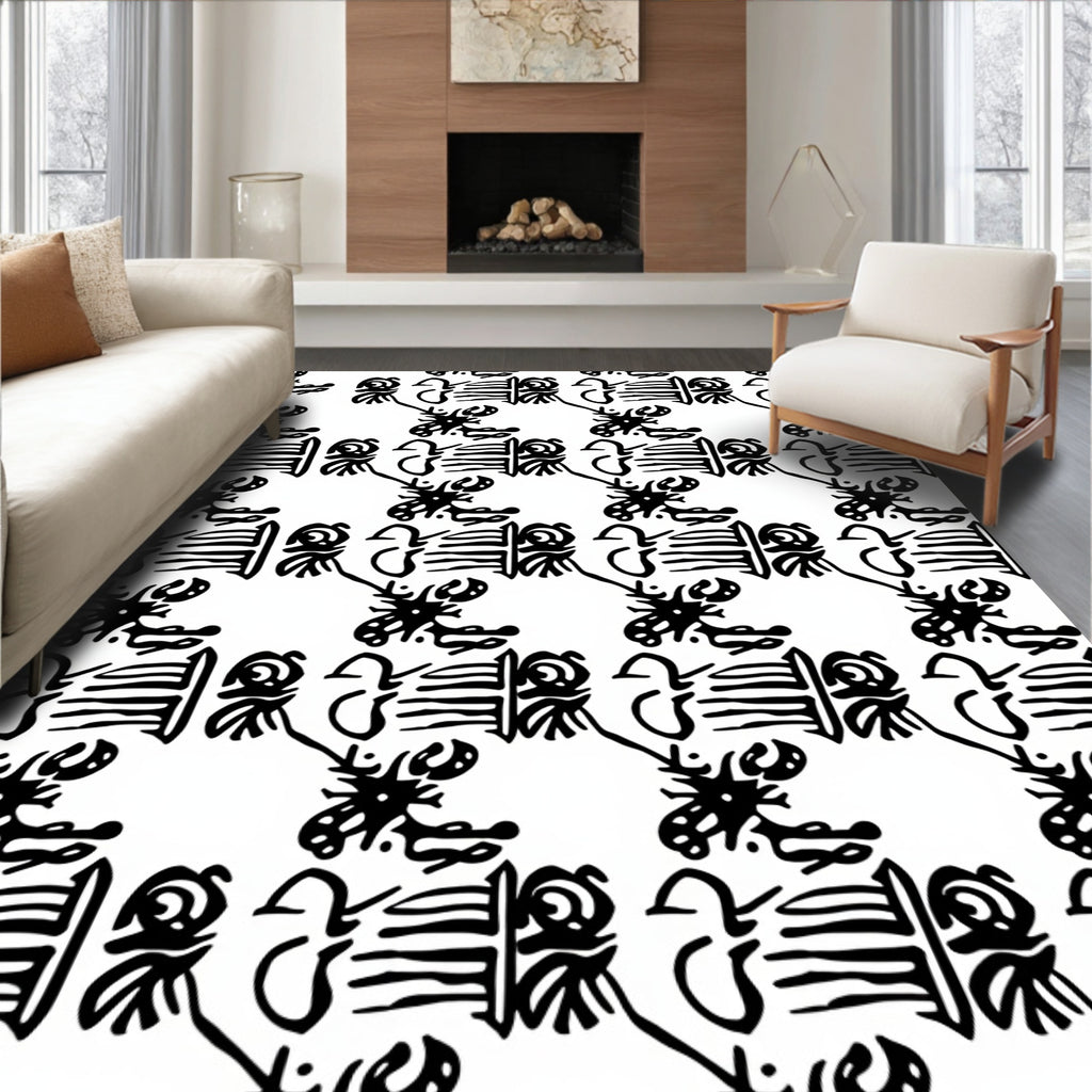 Primitive Black And White Glyph Art Rug