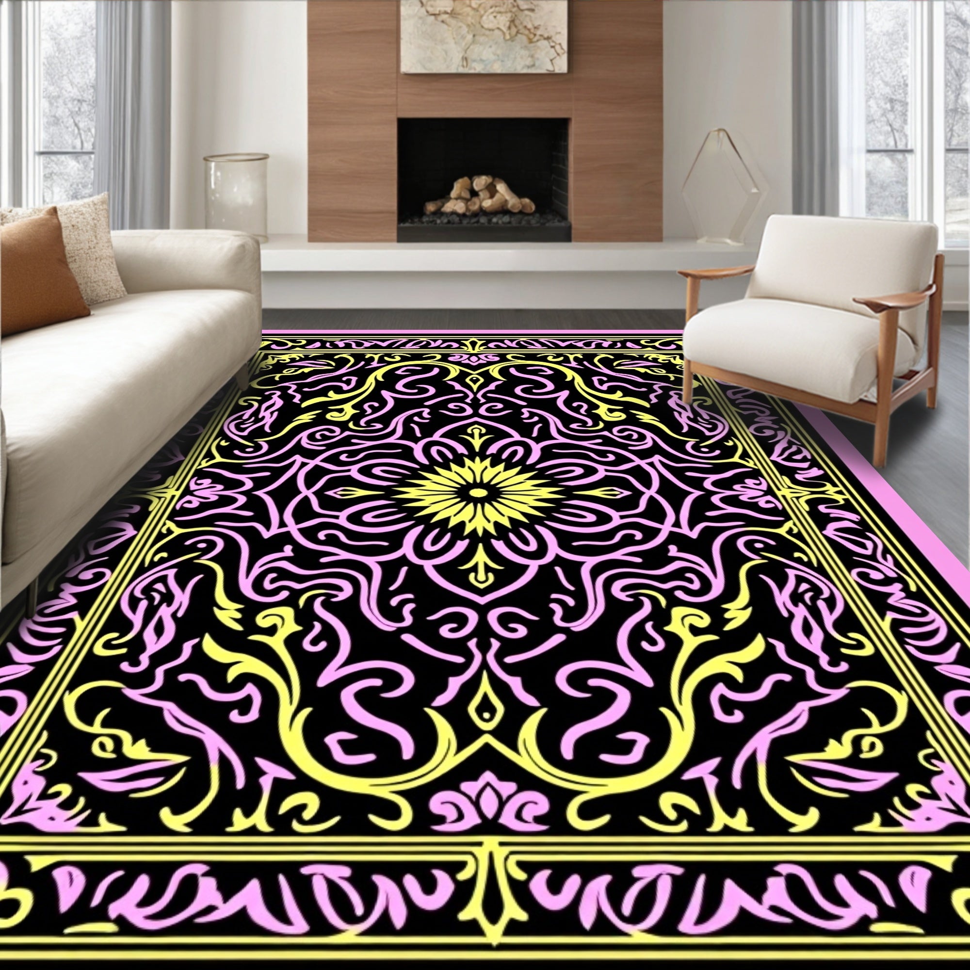 Pink Yellow Black Floral Medallion Rug