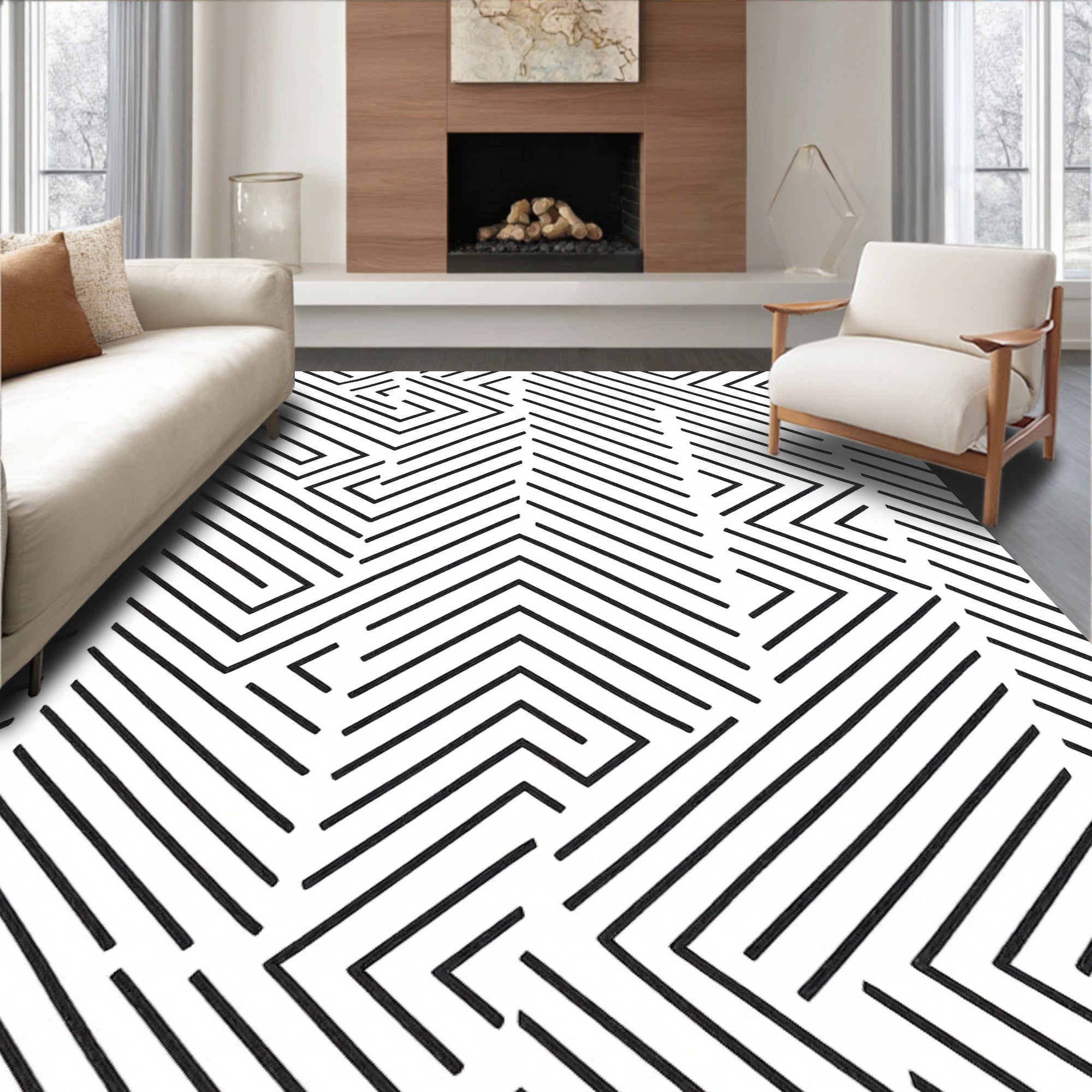 Clean Black Line Maze Rug