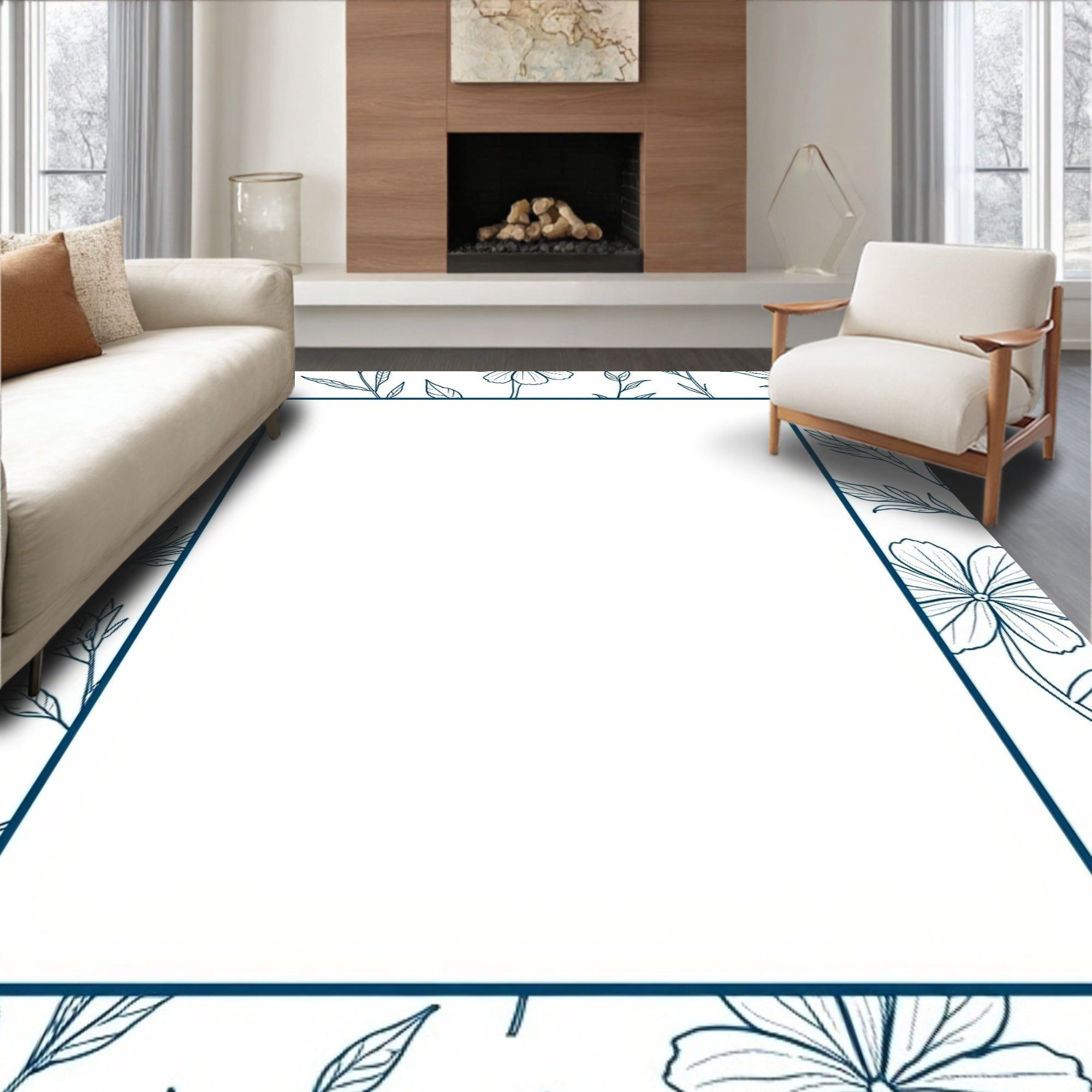 Navy Floral Border Sketch Rug