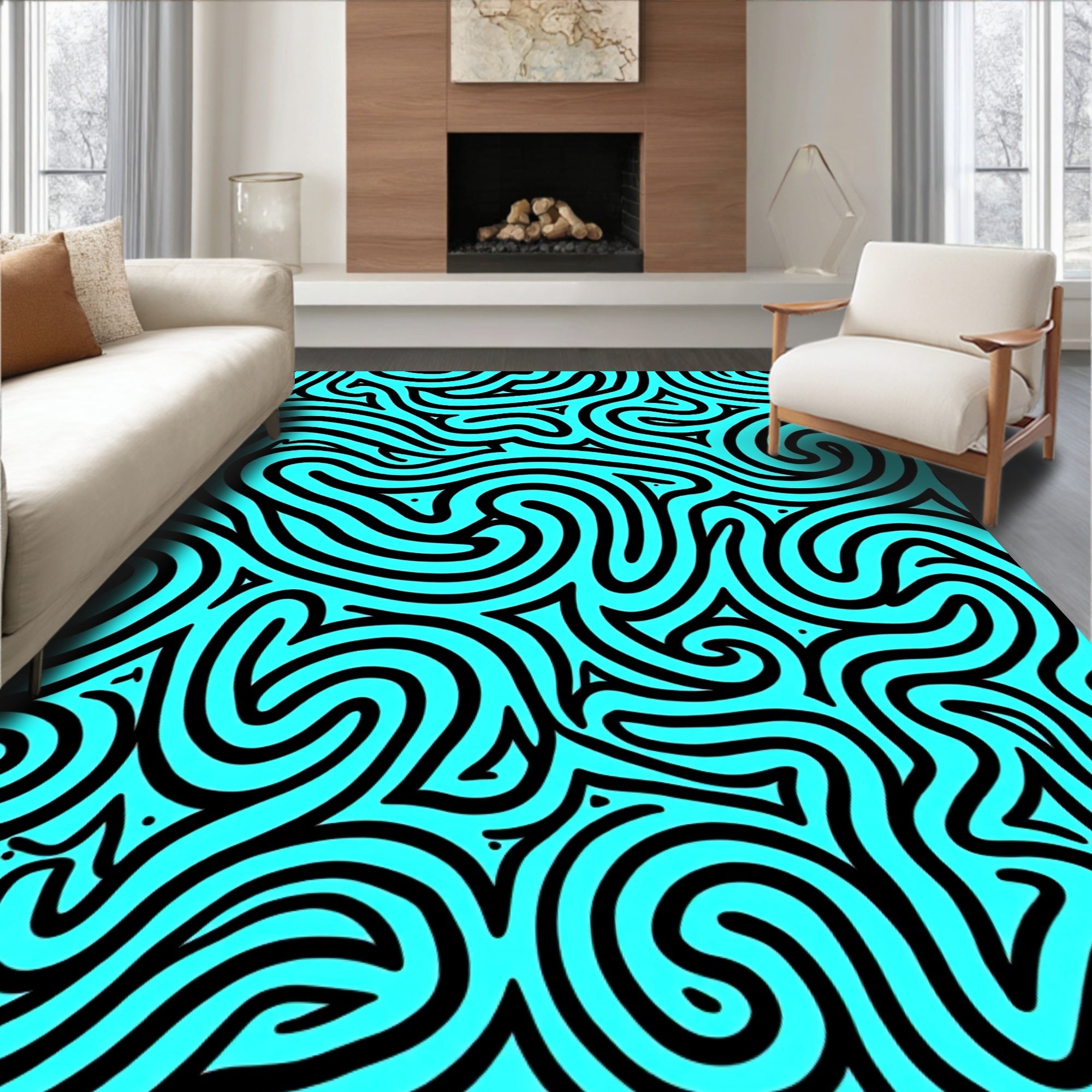 Aqua Black Abstract Swirls Rug