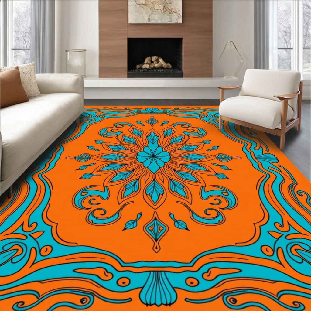 Bright Orange Teal Floral Medallion Border Rug