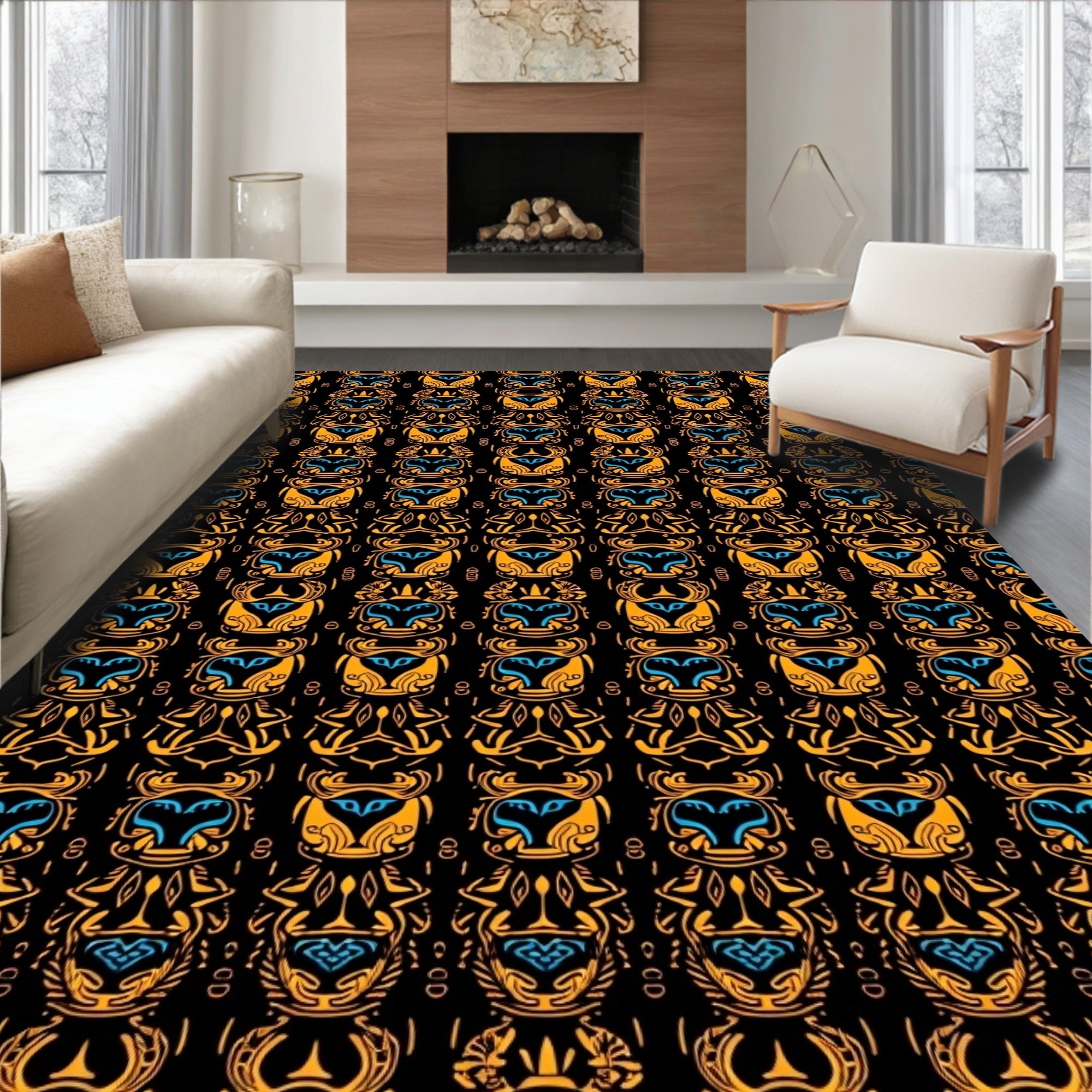 Golden Scarab Black Vertical Tribal Rug