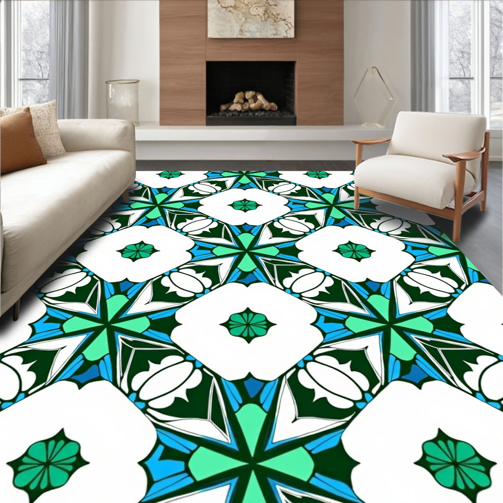 Vibrant Teal White Geometric Star Rug