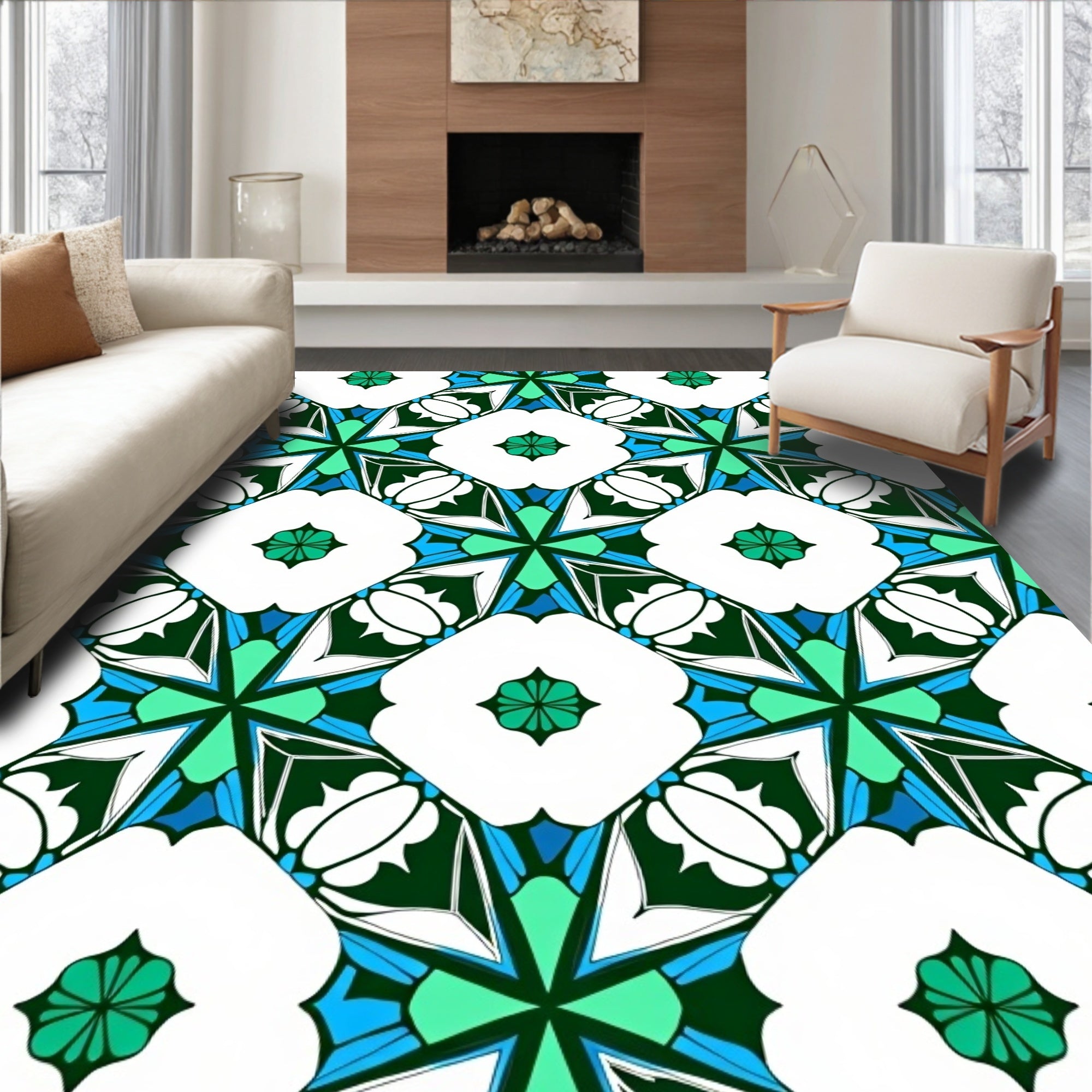 Vibrant Teal White Geometric Star Rug