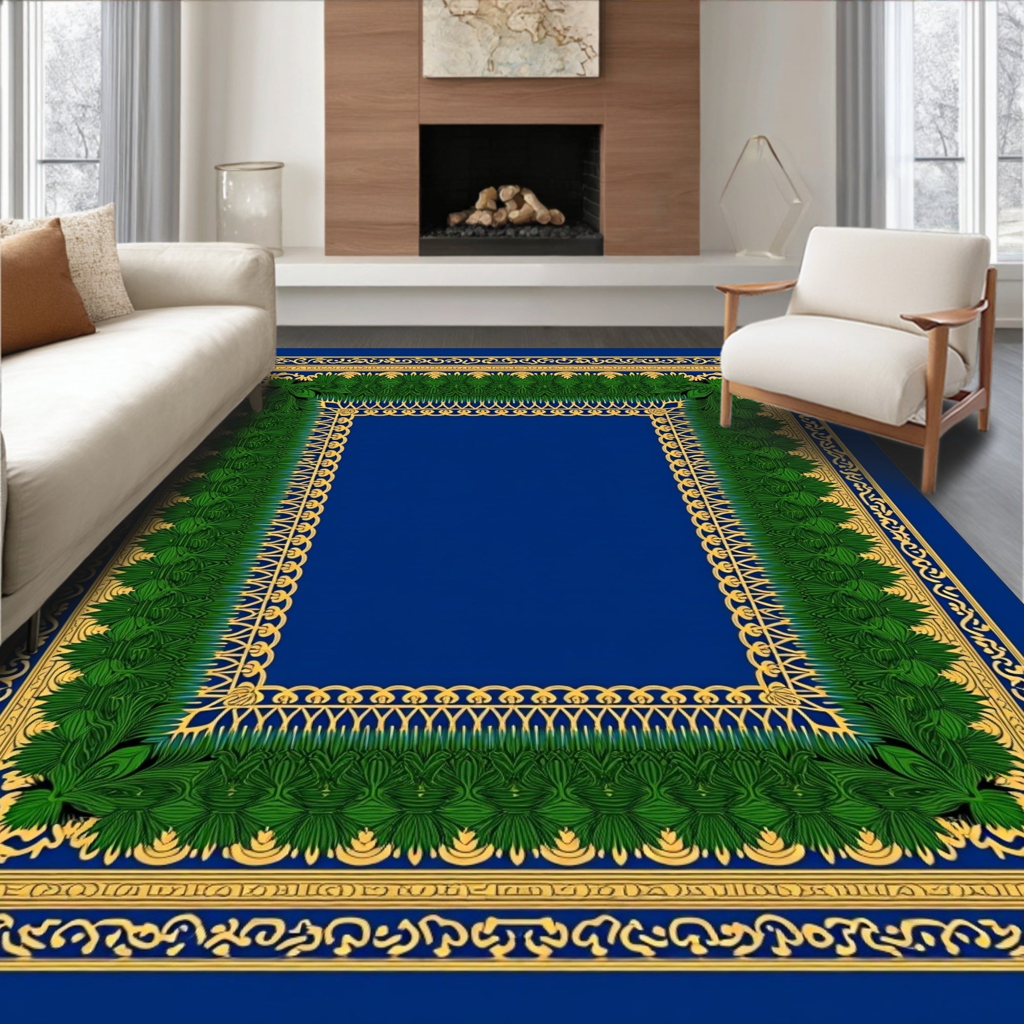 Ornate Green and Gold Floral Border Rug