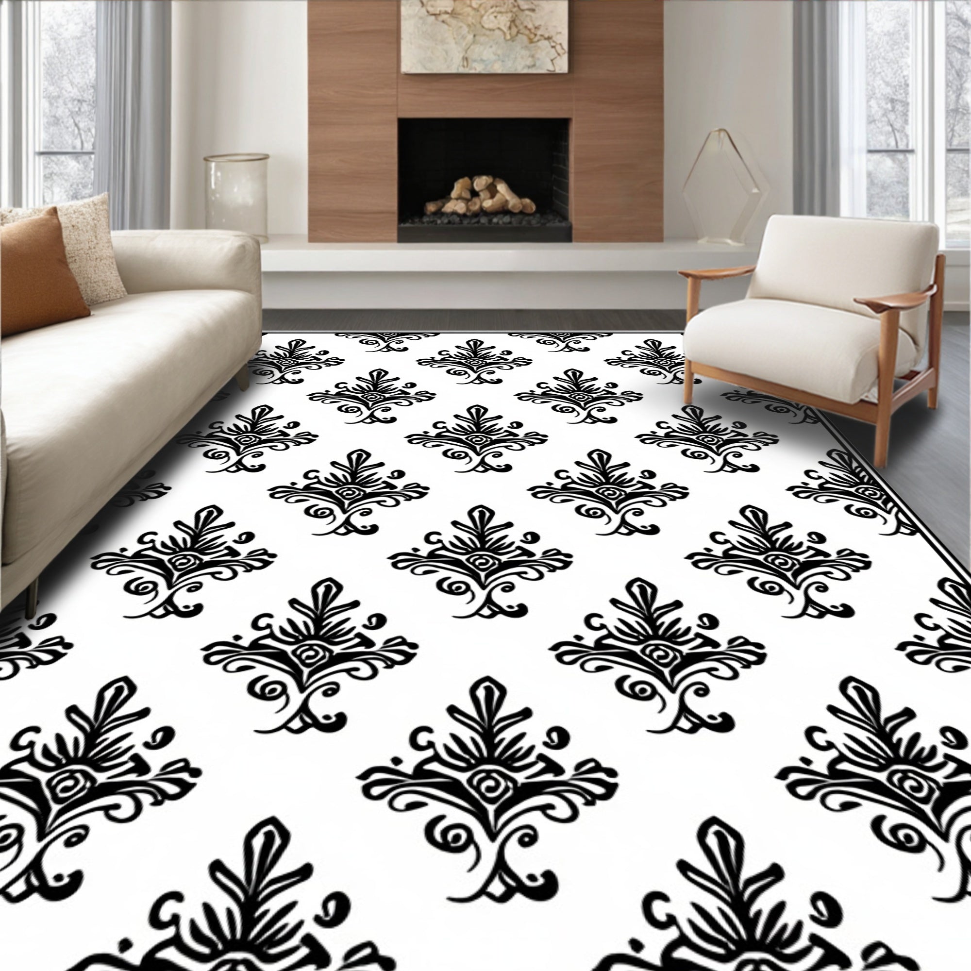 Classic Black Damask Floral Medallion Rug