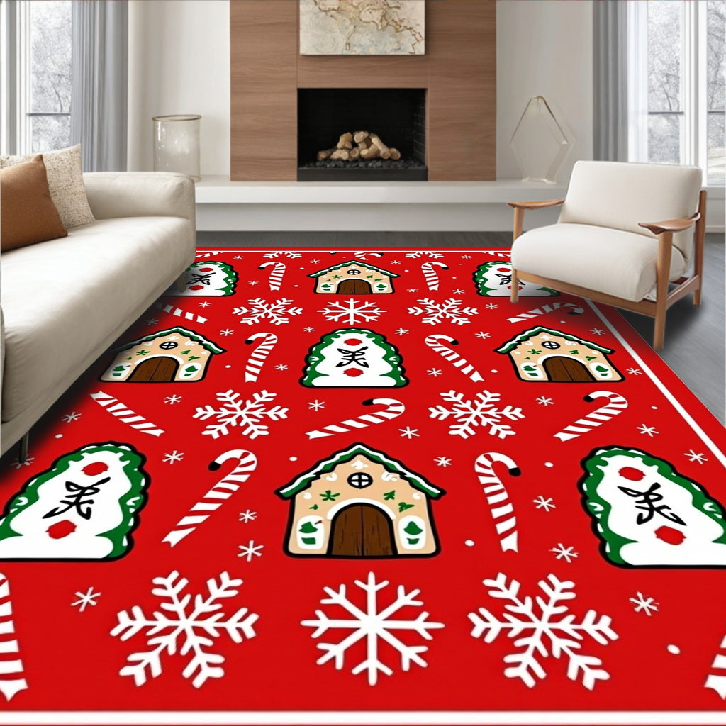 Red Gingerbread Snowflakes Candy Canes Rug