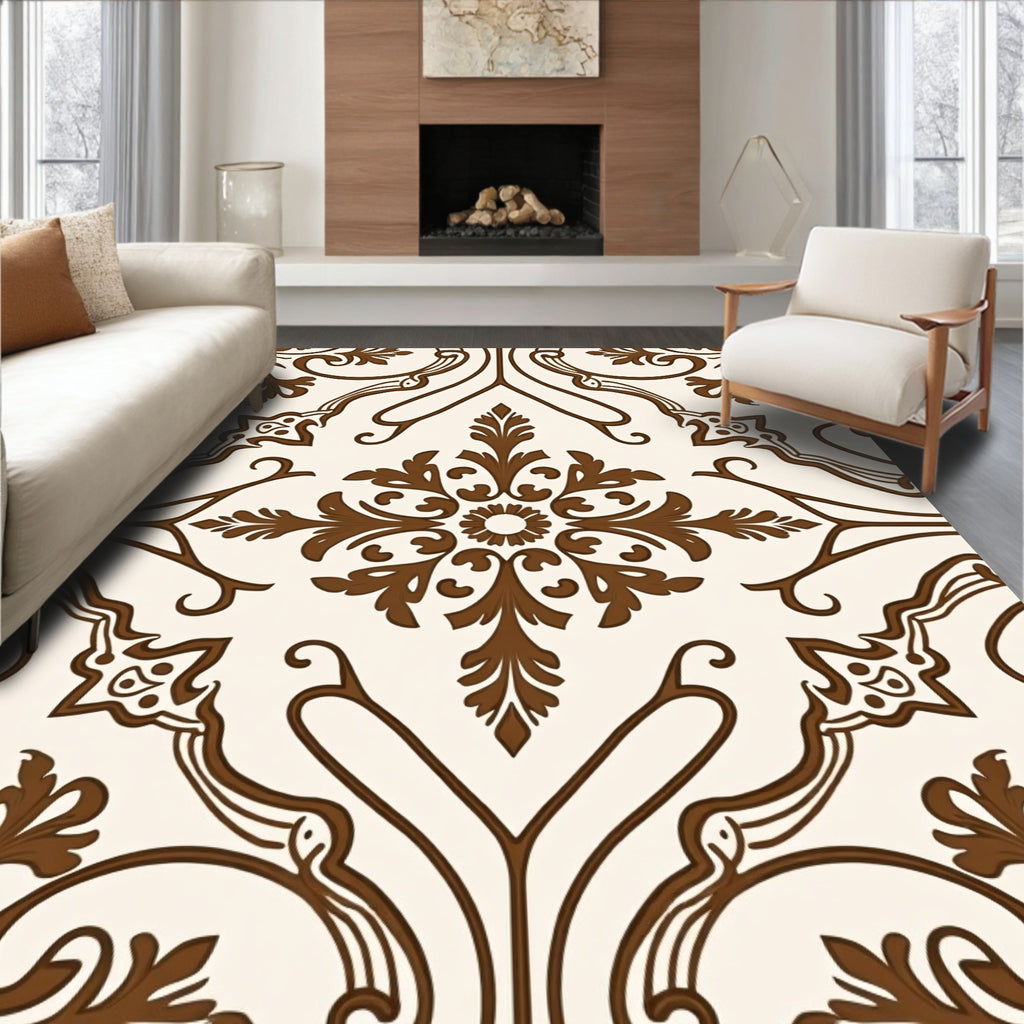 Brown Cream Arabesque Floral Medallion Rug