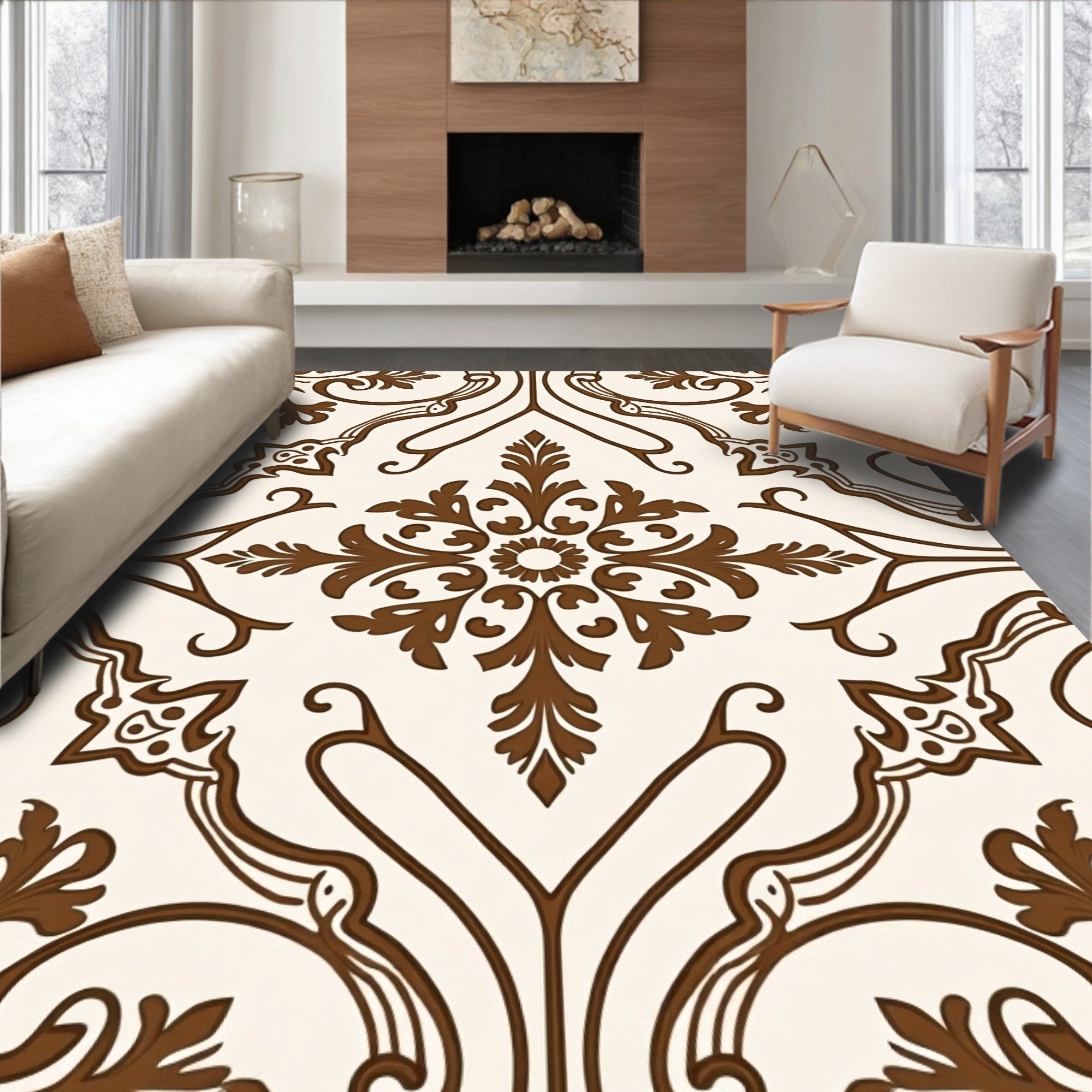 Brown Cream Arabesque Floral Medallion Rug