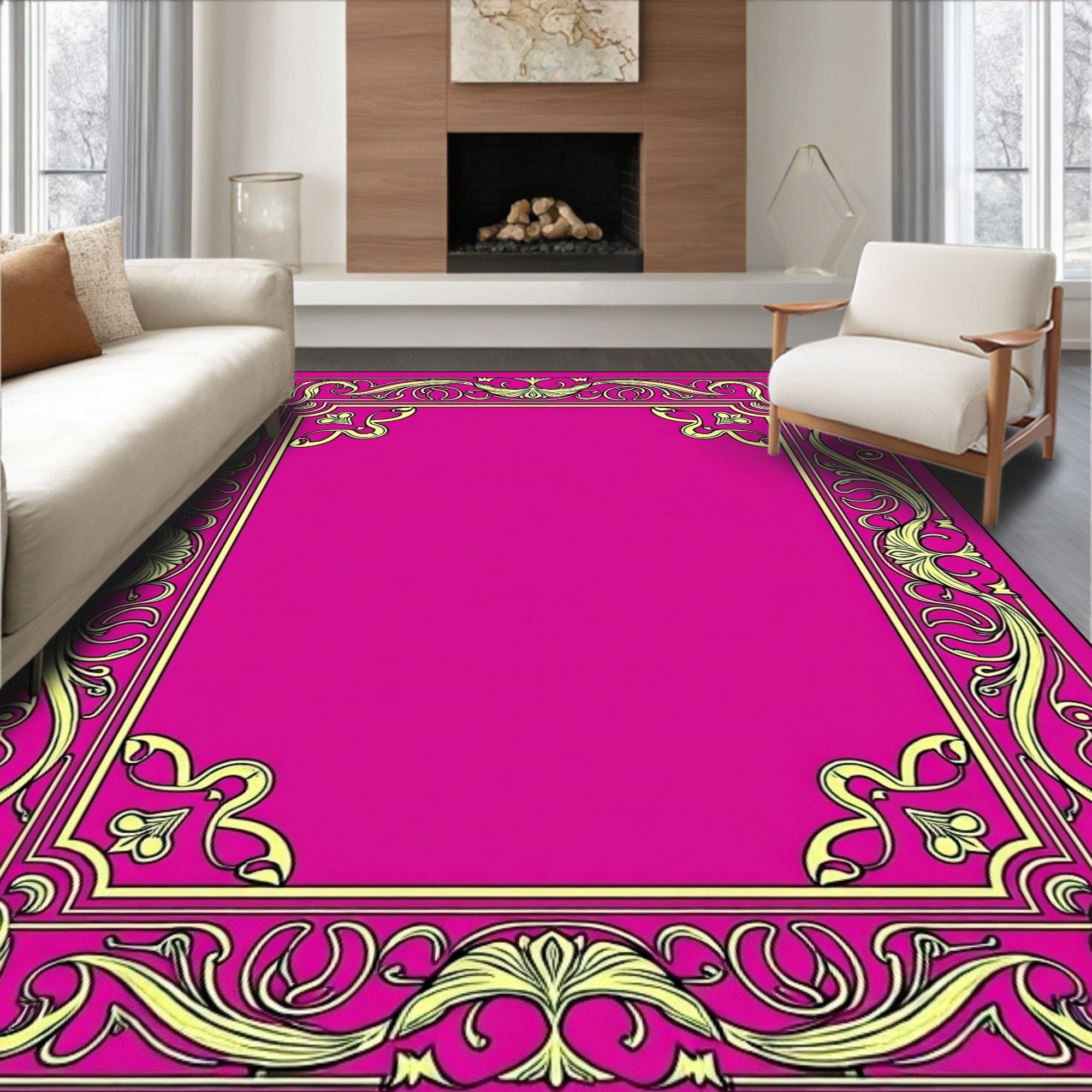Vibrant Magenta Floral Scroll Frame Rug