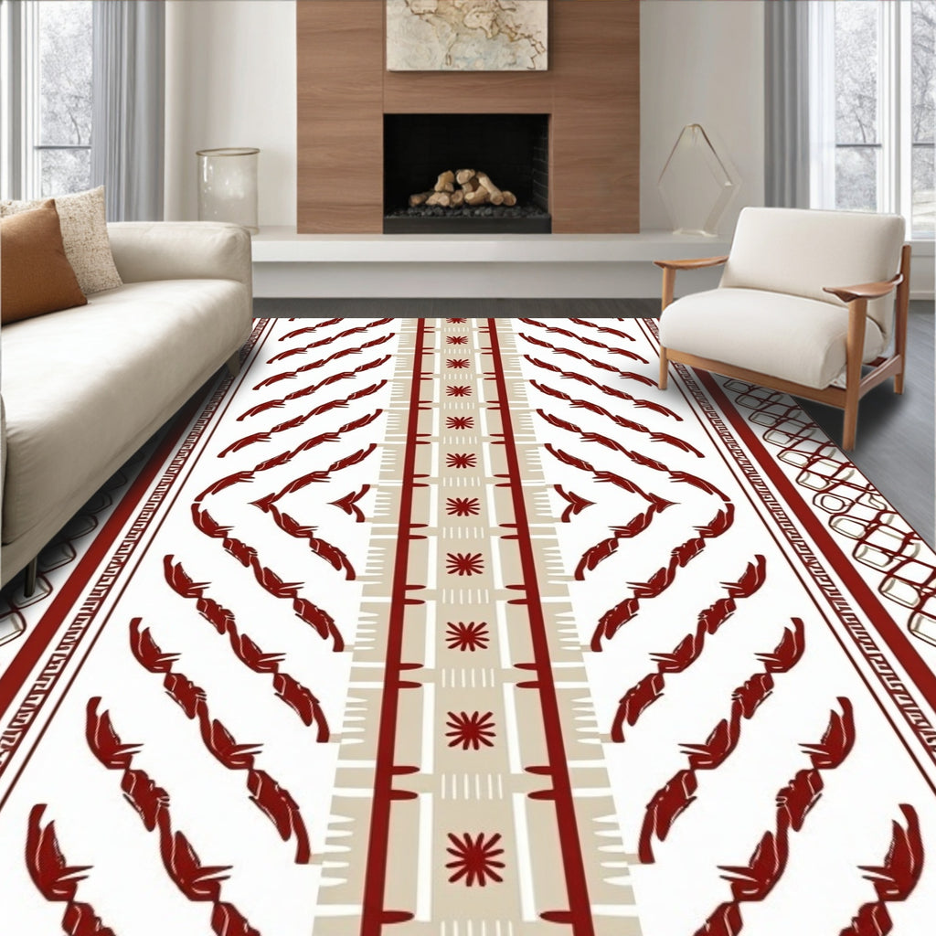 Crimson Feather Stripe Geometric Border Rug