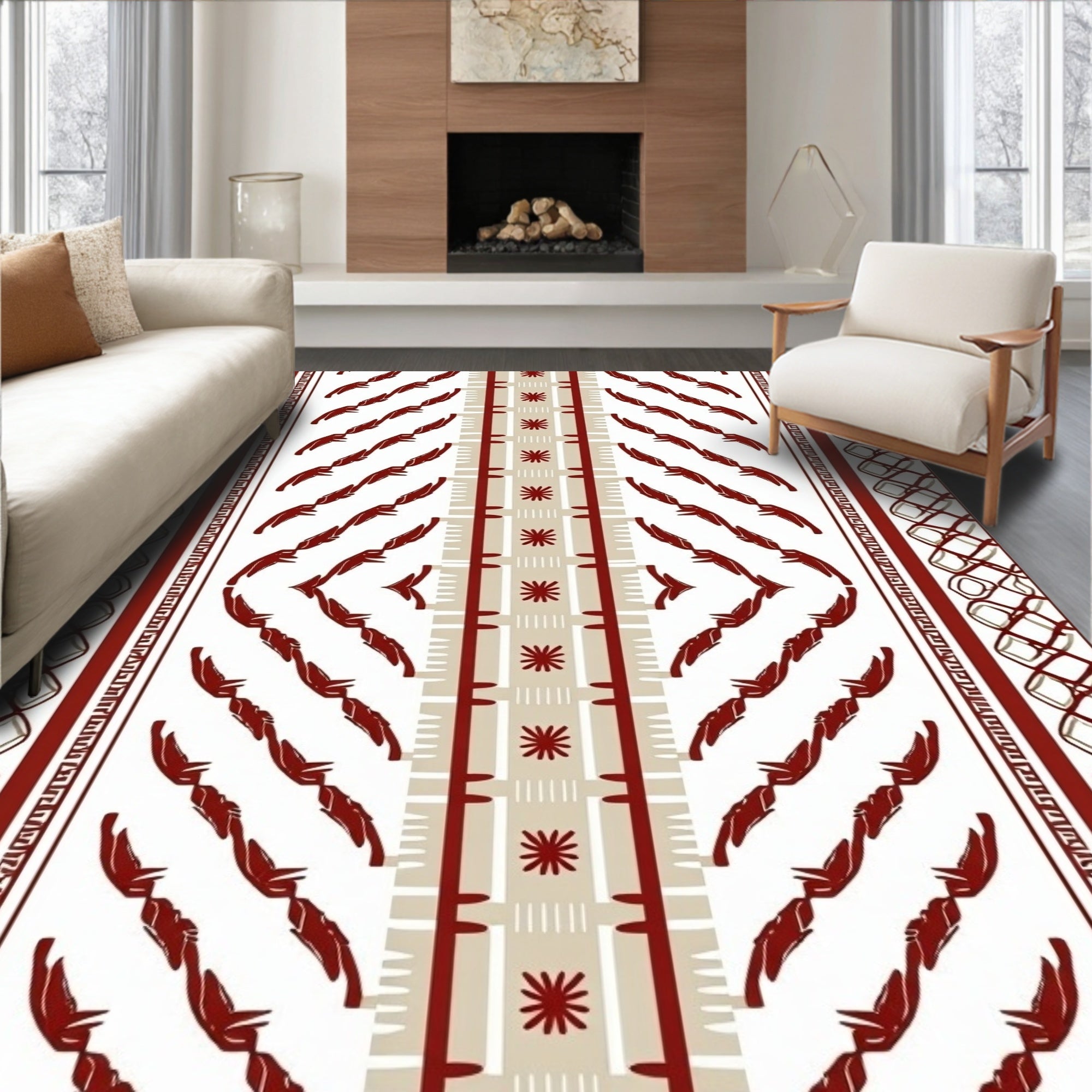Crimson Feather Stripe Geometric Border Rug