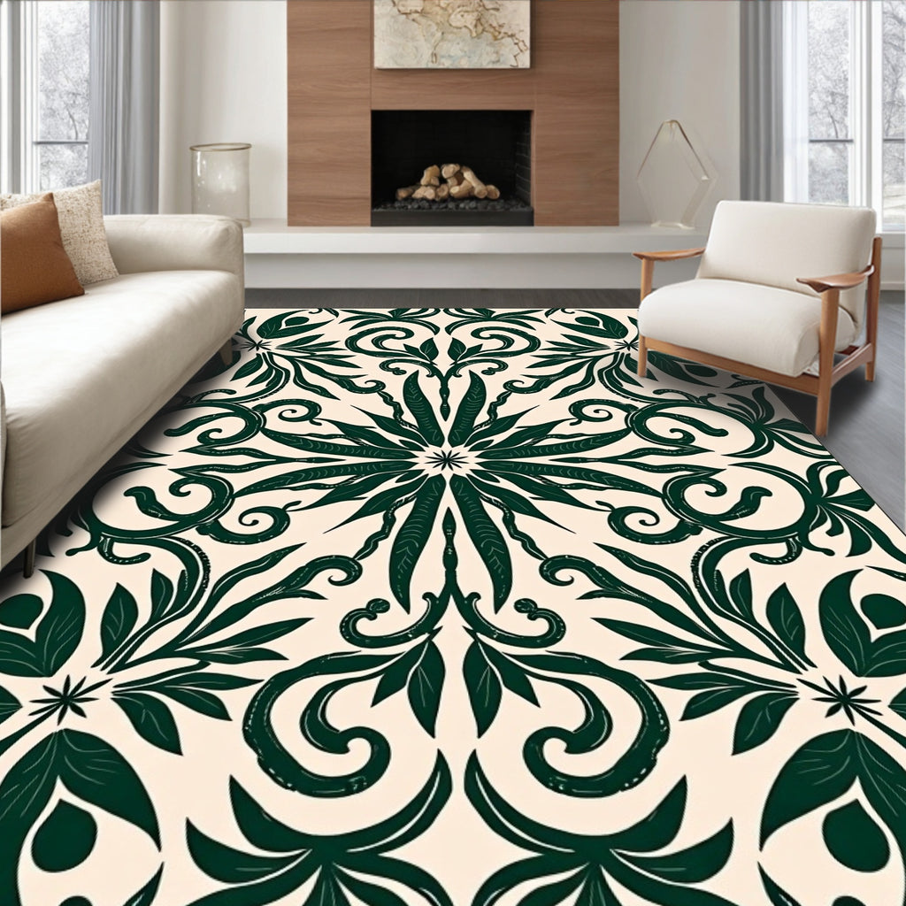 Dark Green Floral Medallion Scroll Rug