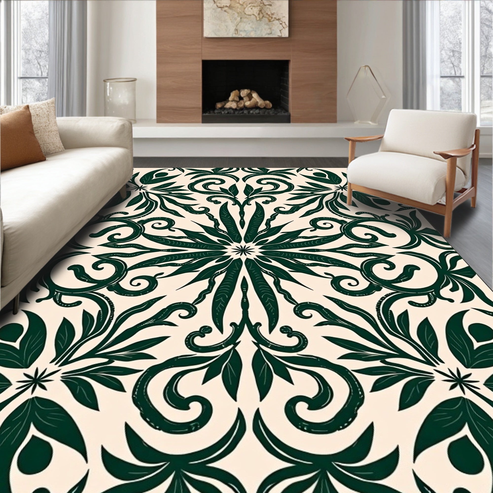 Dark Green Floral Medallion Scroll Rug