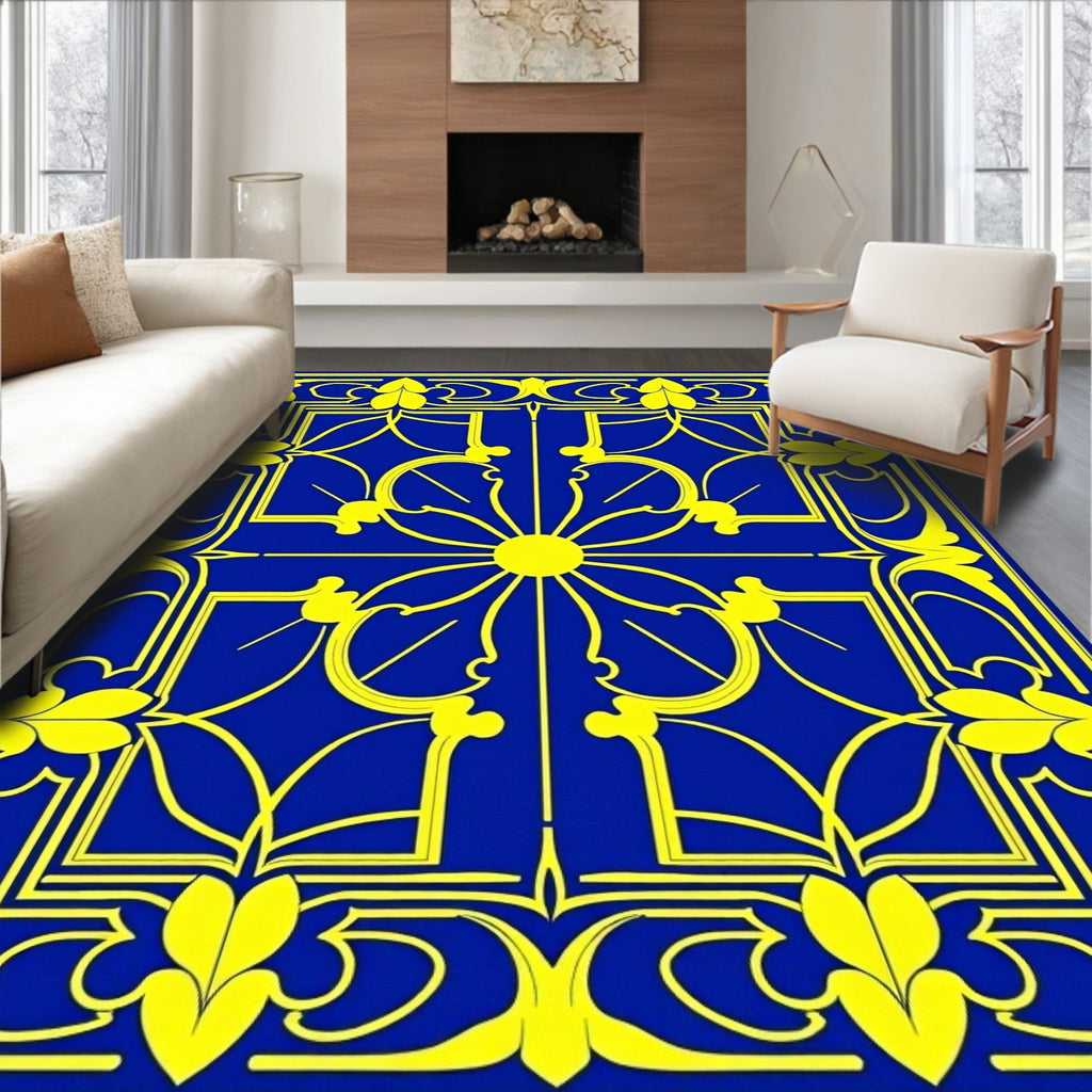 Royal Blue Yellow Floral Crest Rug