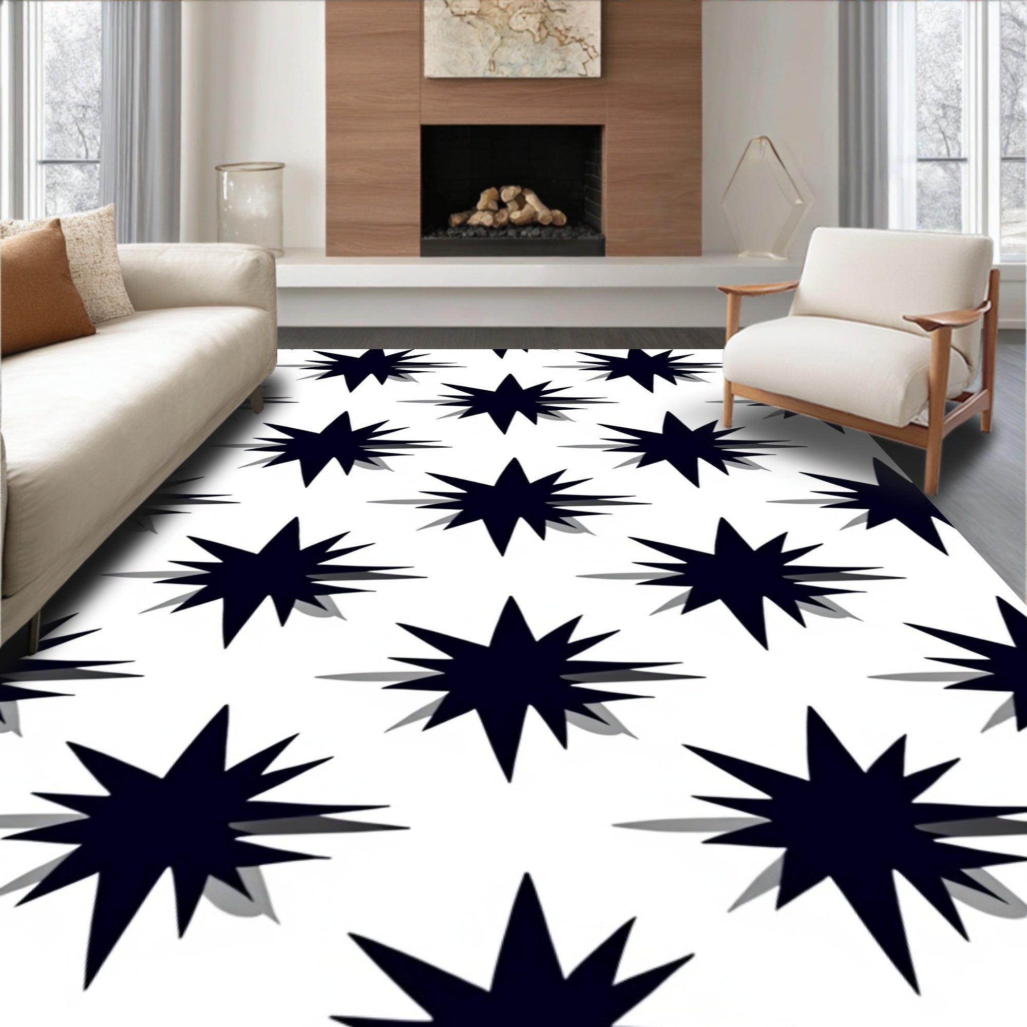 Spiky Starburst Shadowed Black White Rug