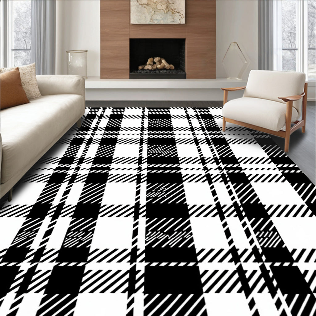 Classic Black White Plaid Check Rug