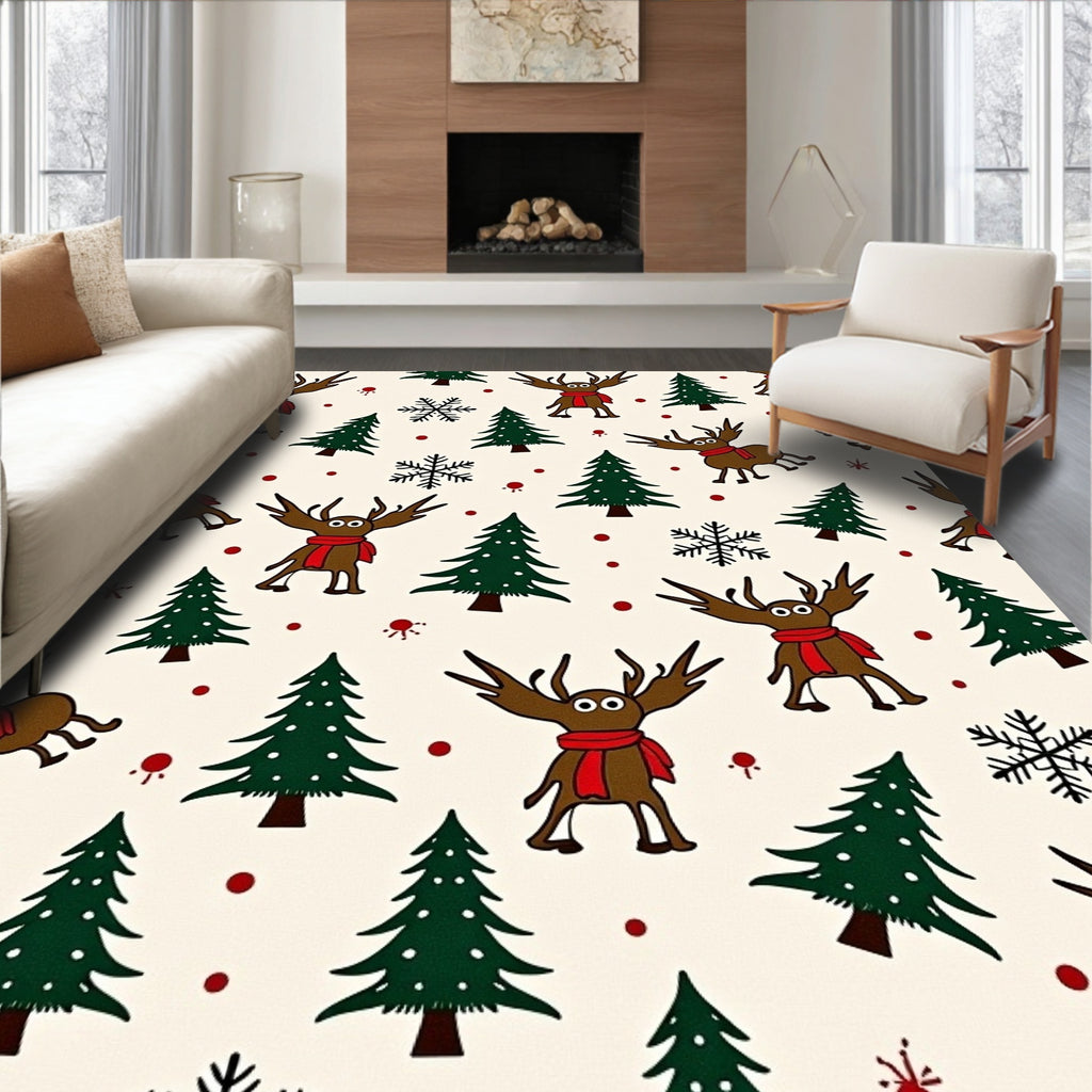 Cute Woodland Reindeer with Festive Trees Rug