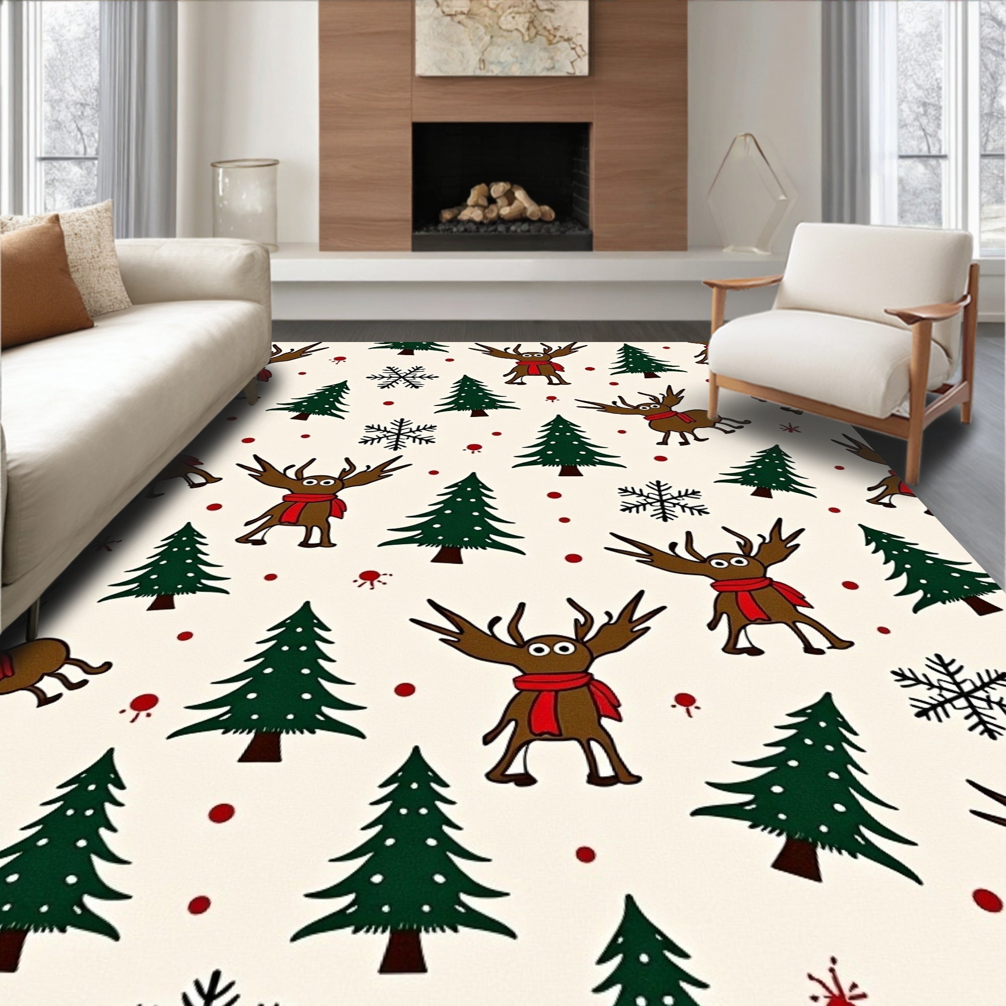 Cute Woodland Reindeer with Festive Trees Rug