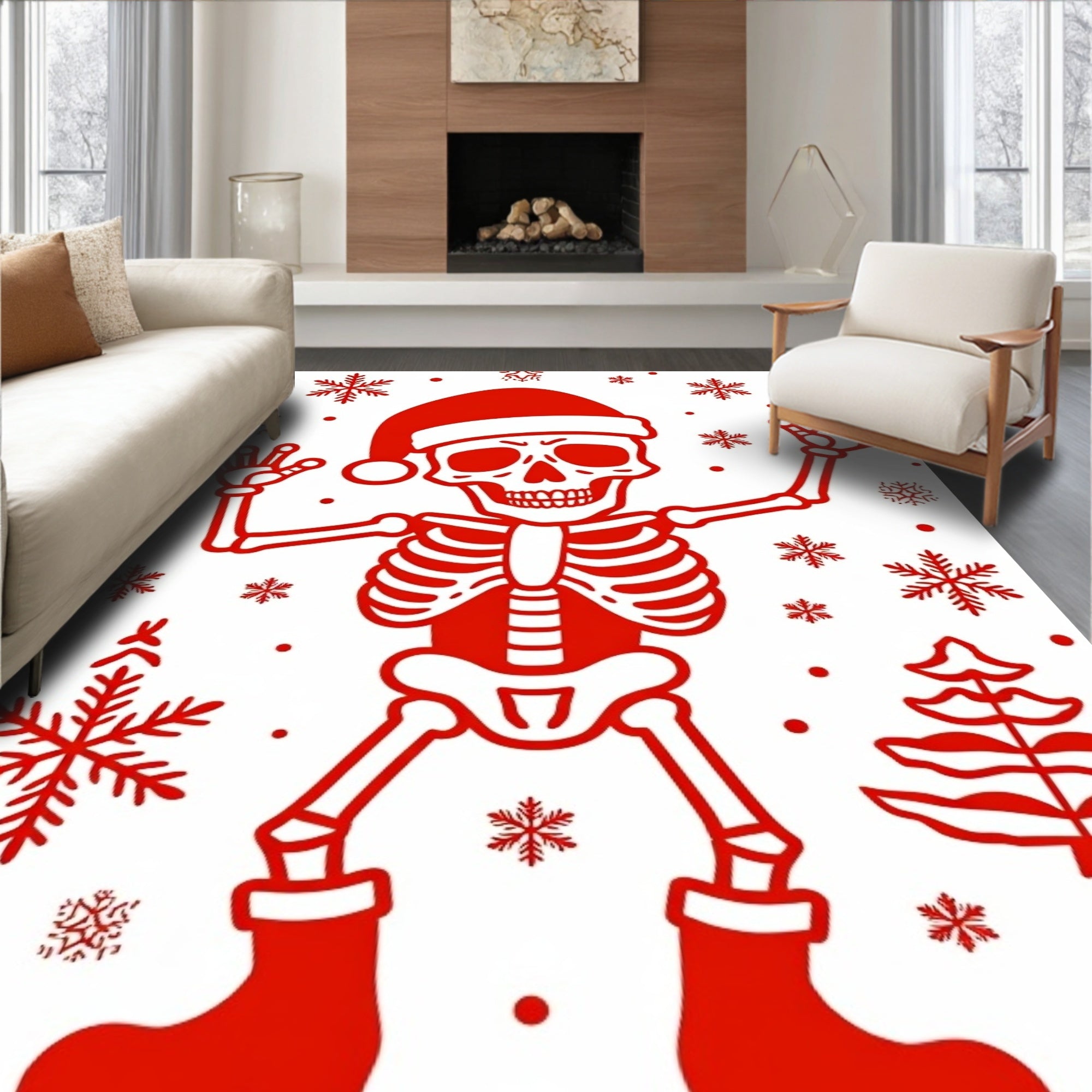 Jolly Red Skeleton Snowflakes Christmas Tree Rug