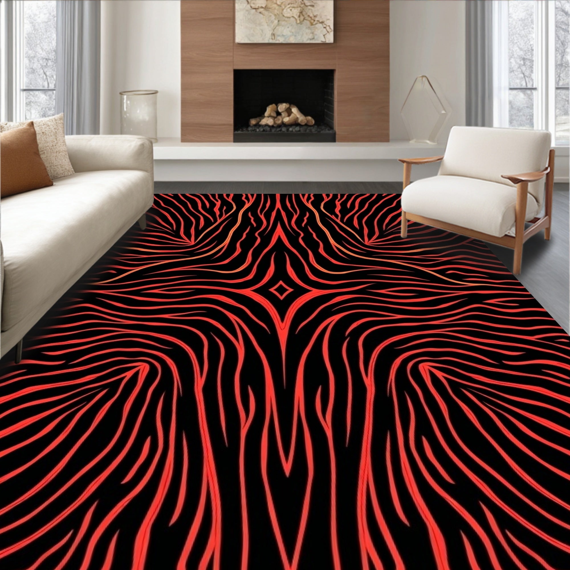 Crimson Black Abstract Fire Swirl Rug