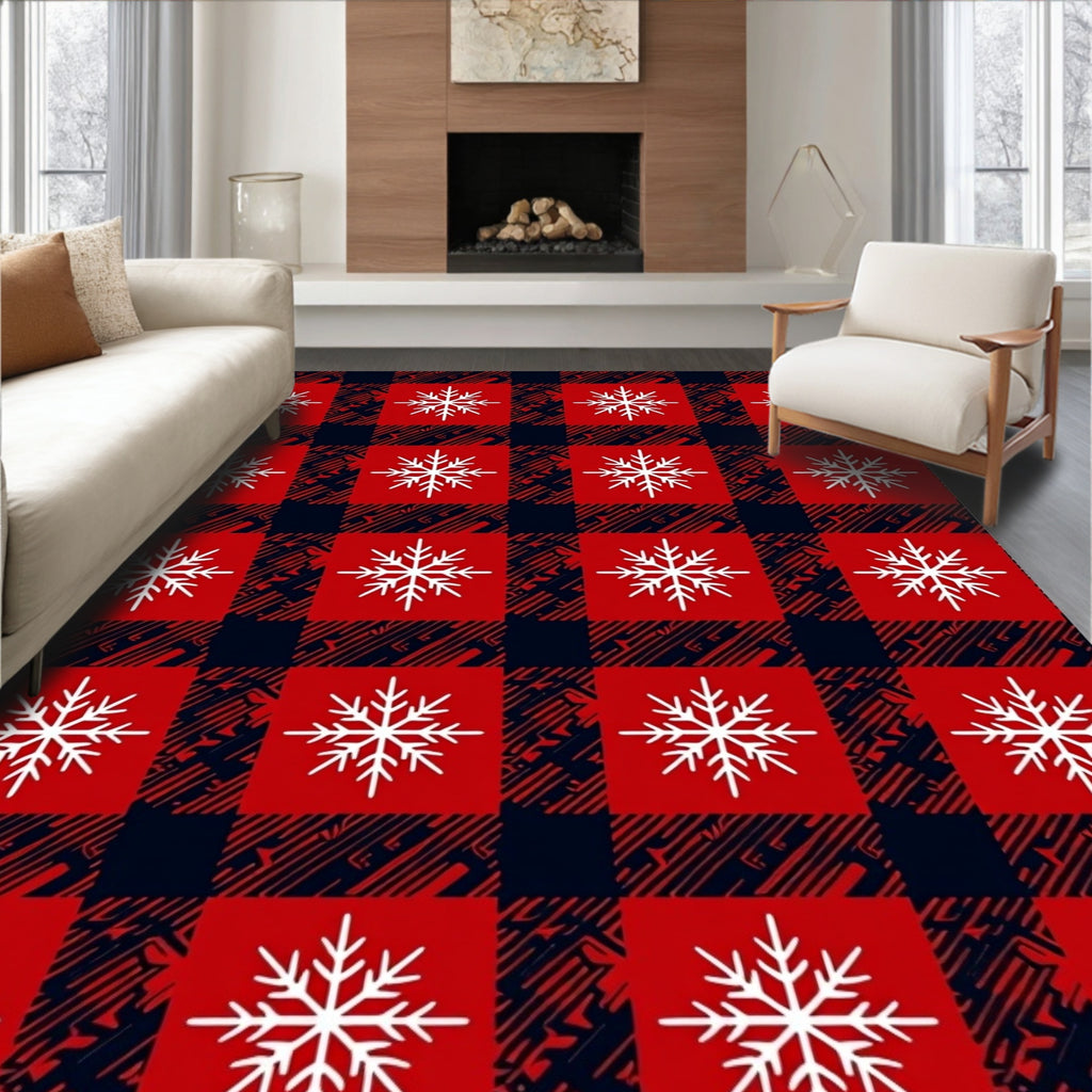 Red White Buffalo Plaid Snowflakes Rug