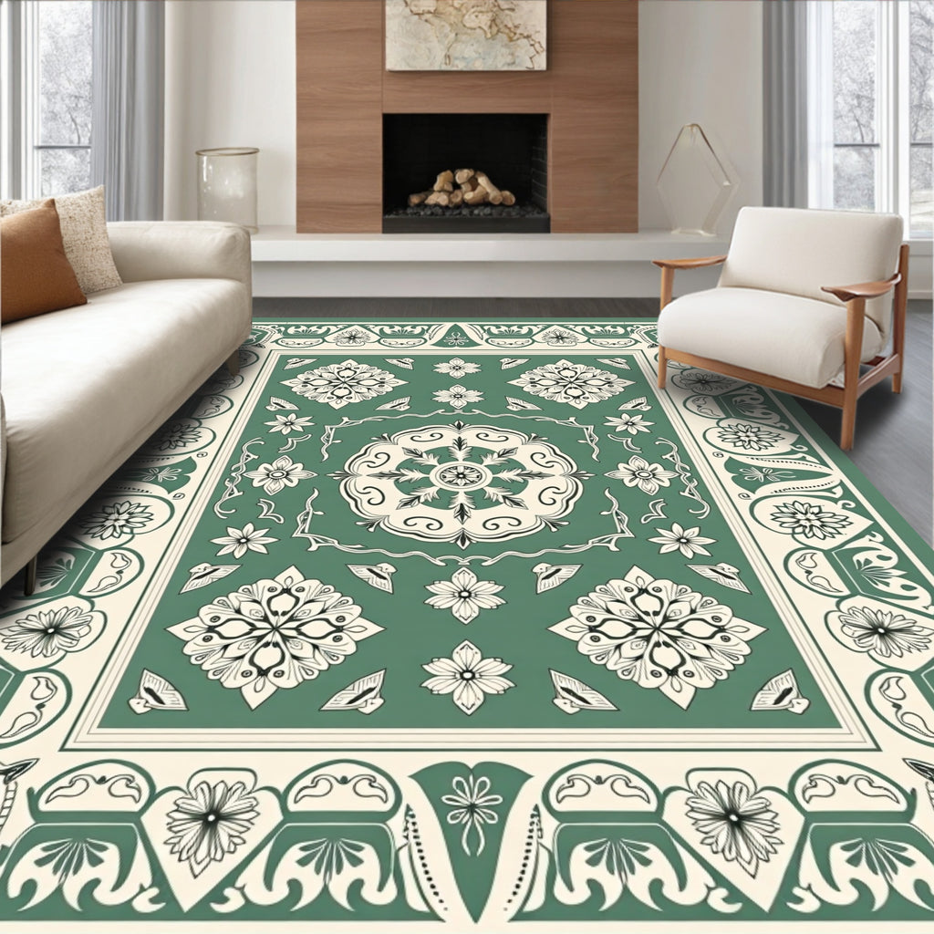 Vintage Sage Floral Medallion Border Rug