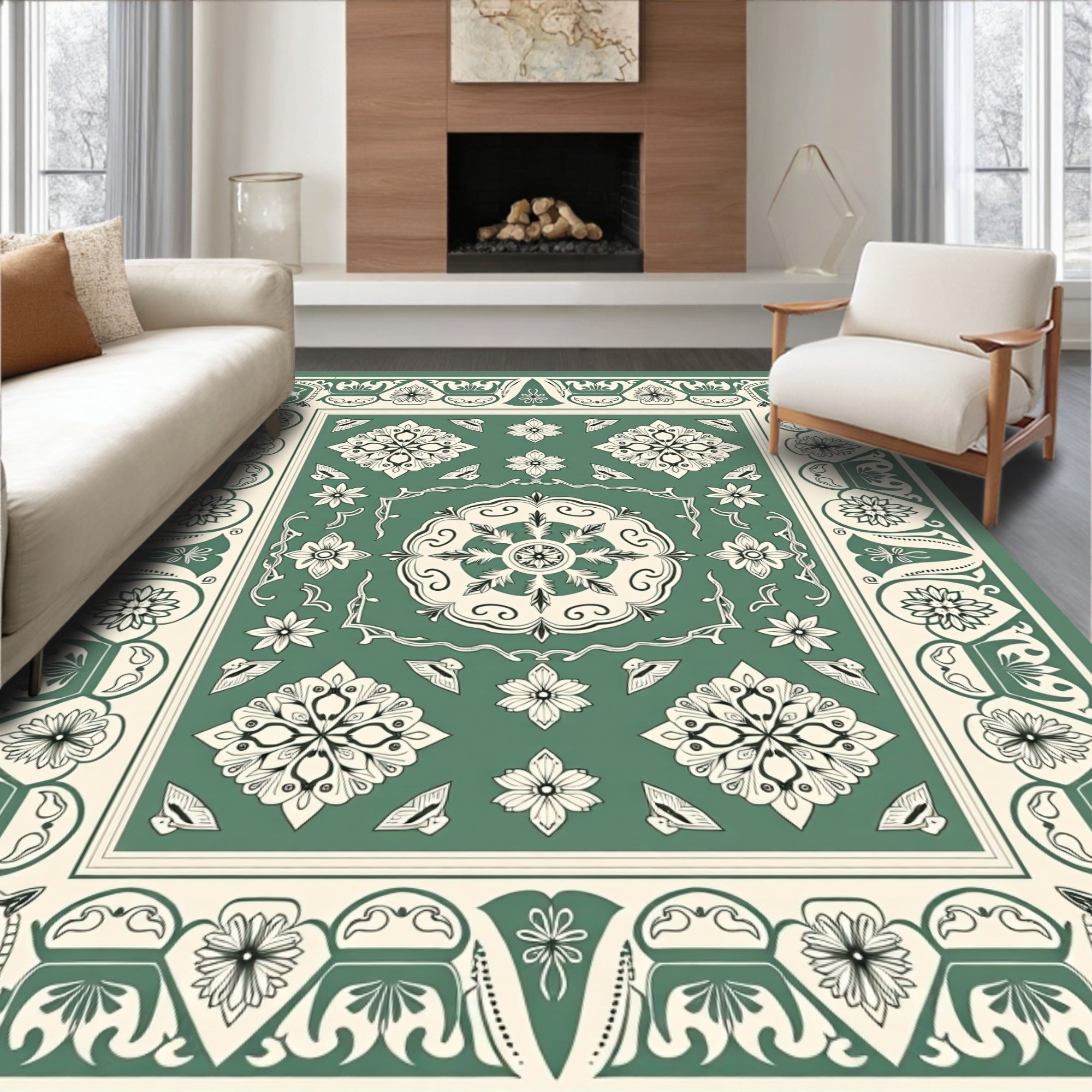 Vintage Sage Floral Medallion Border Rug