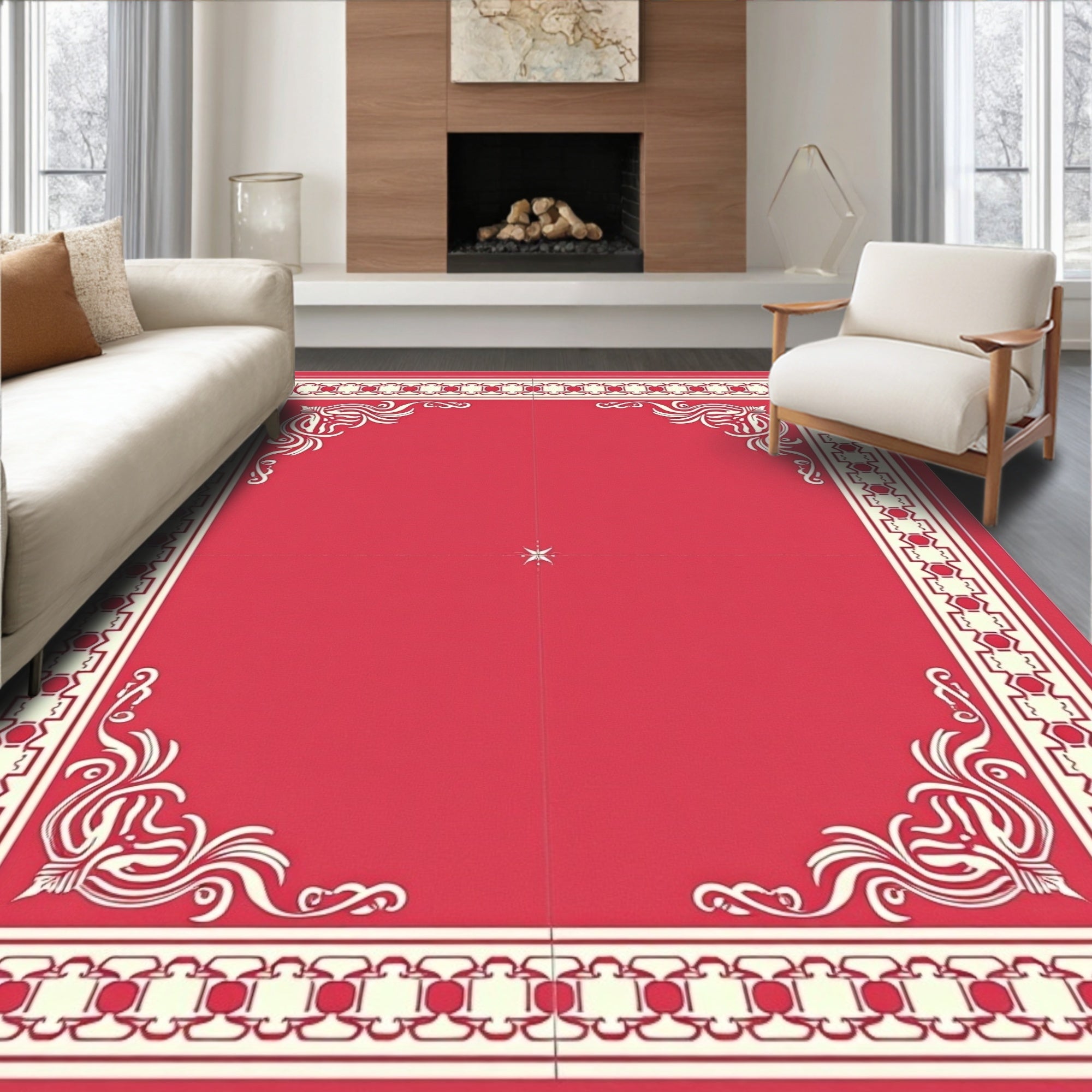 Crimson Ivory Scroll Leaf Border Rug