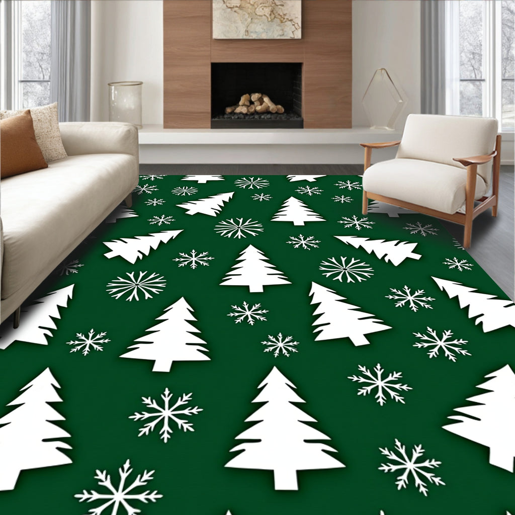 White Trees Snowflakes Green background Rug