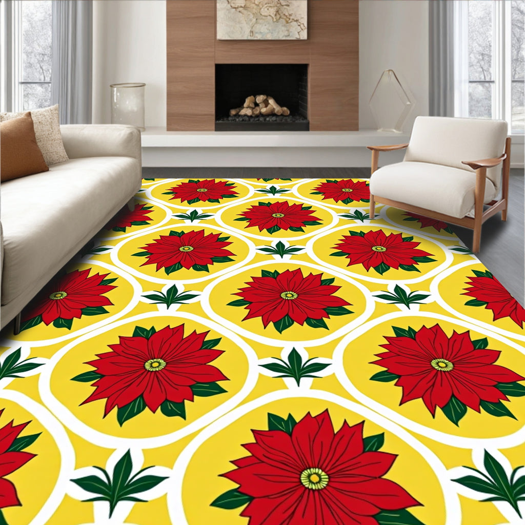 Red Poinsettia Lattice Yellow Rug