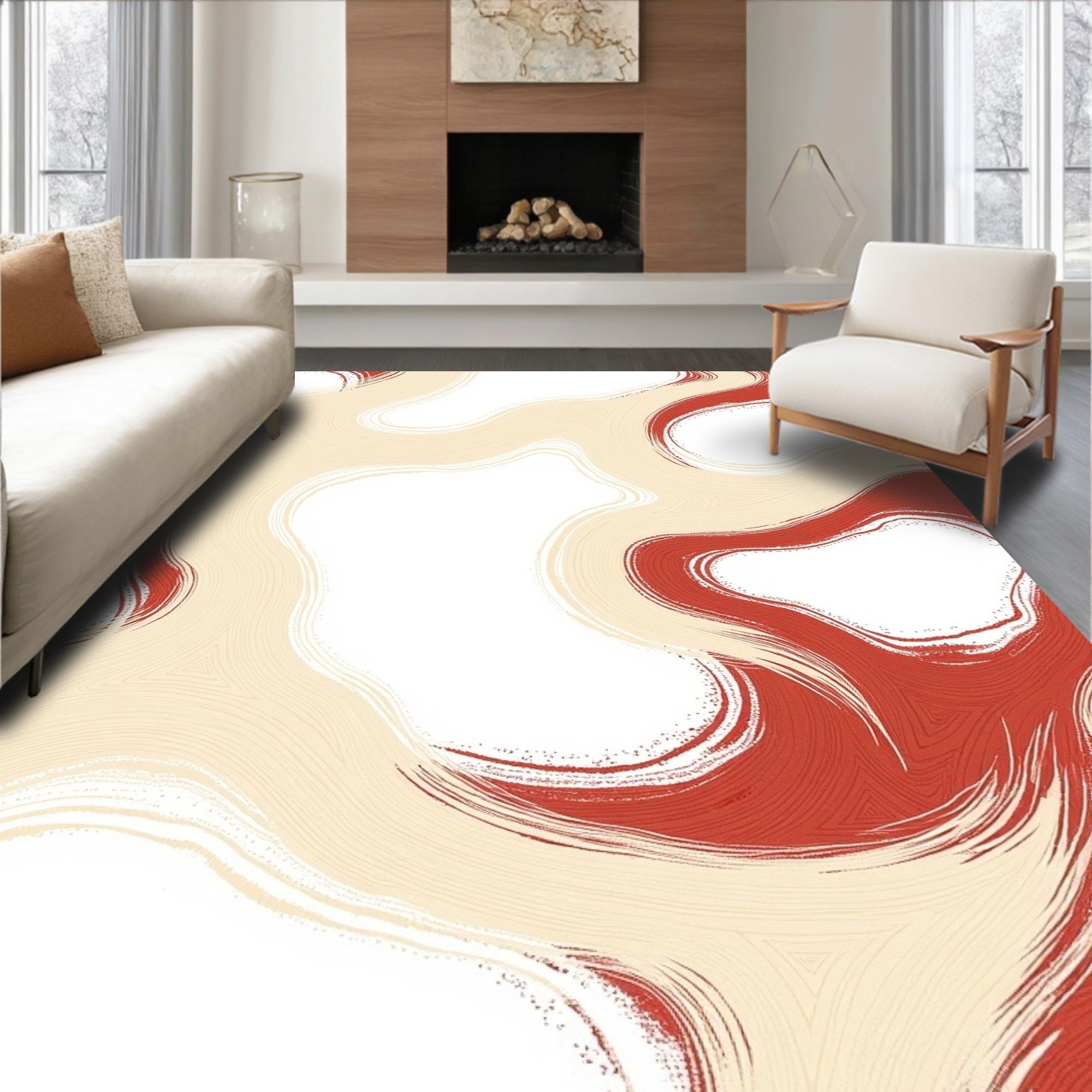 Crimson Beige Abstract Flow Rug