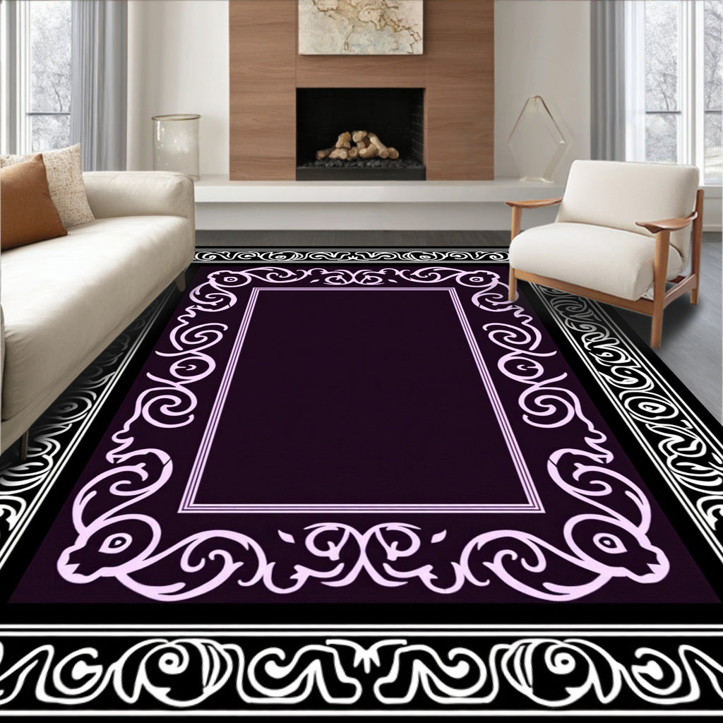 Monochromatic Damask Scroll Border Rug