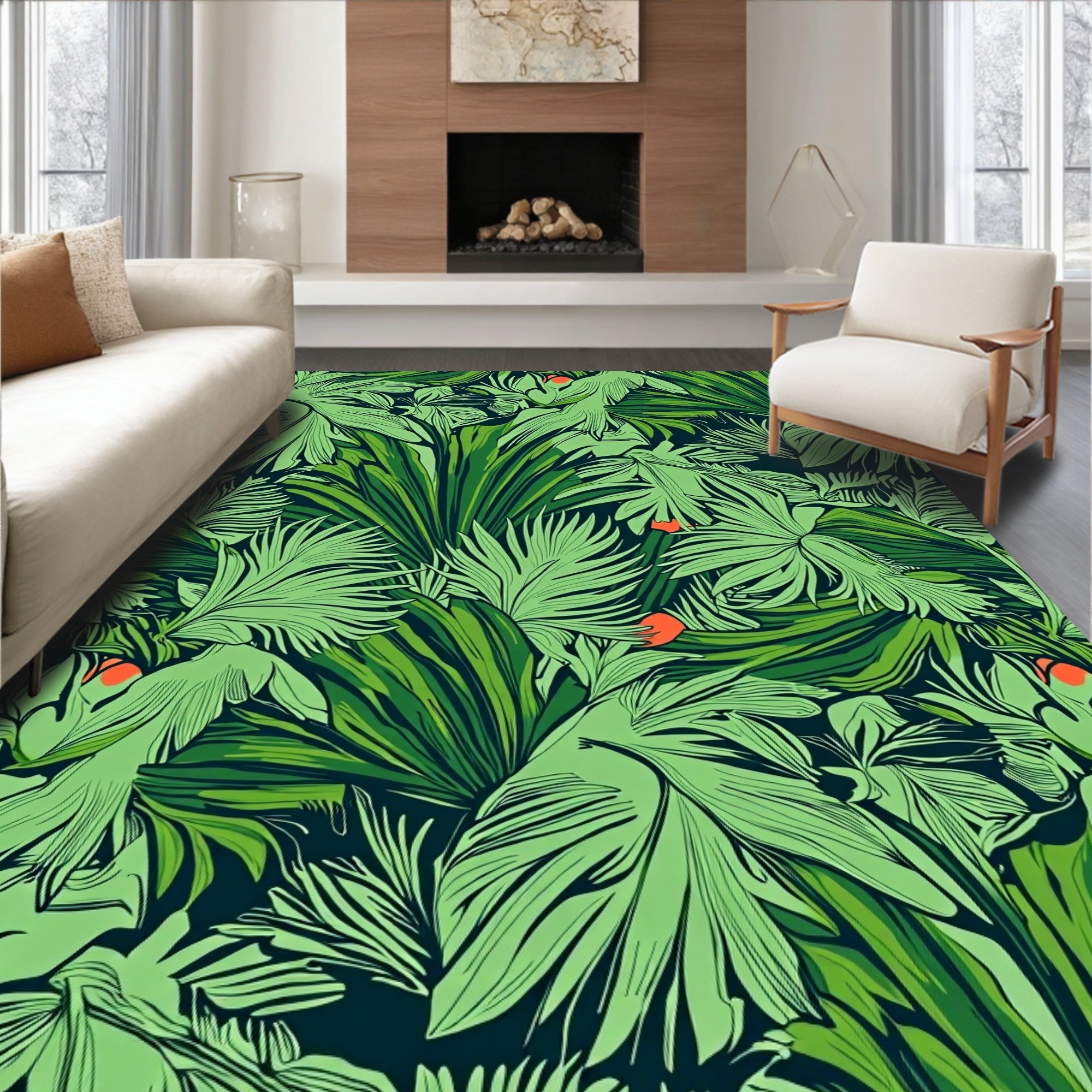 Lush Green Tropical Foliage Rug