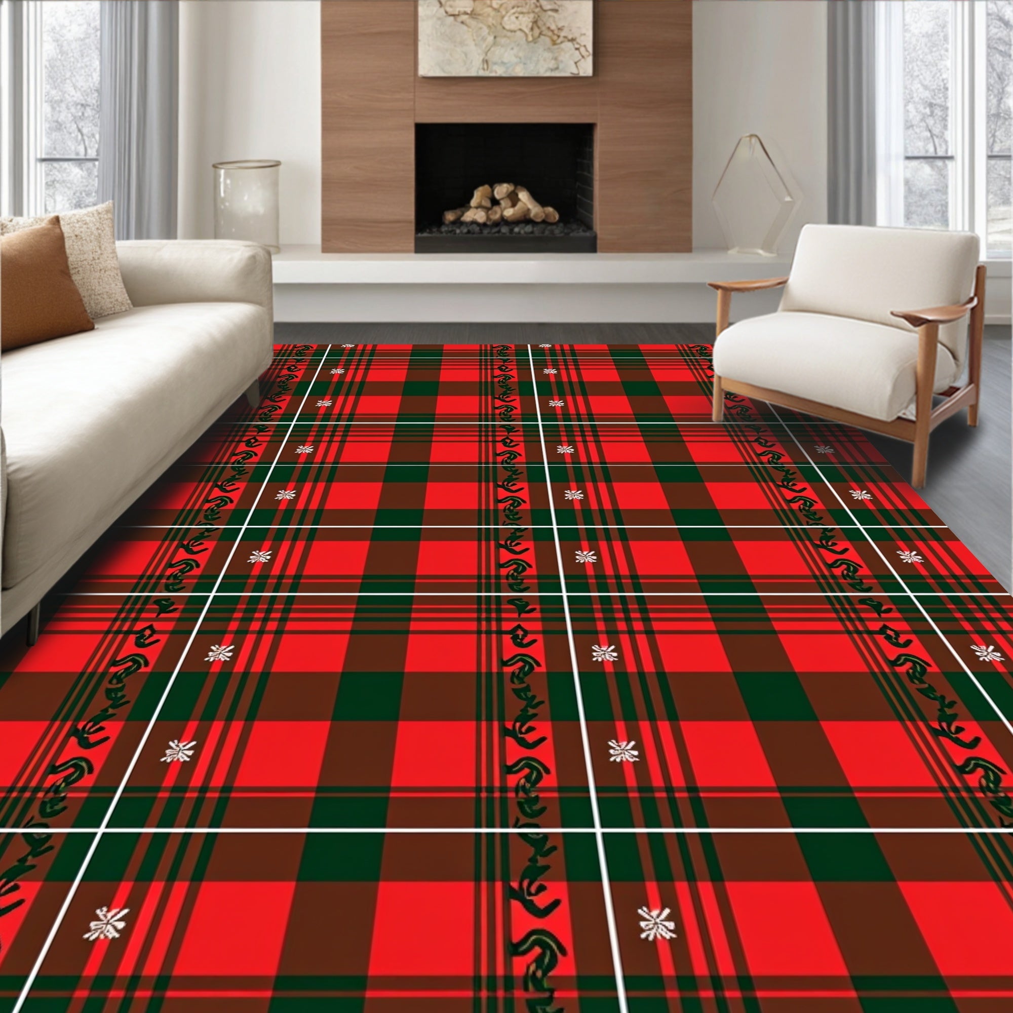 Crimson Emerald Plaid Vine Medallion Rug