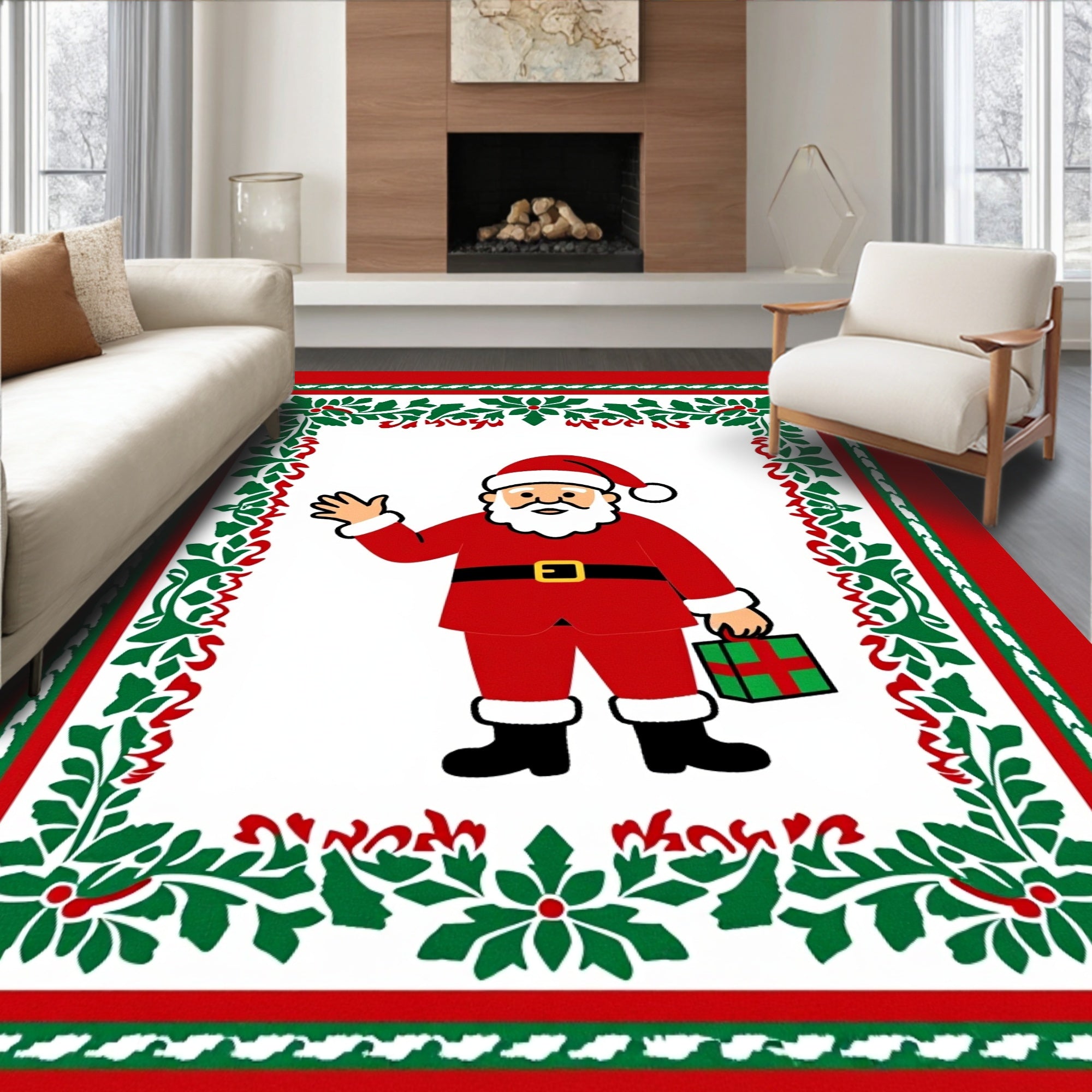 Festive Santa Claus Holly Border Rug