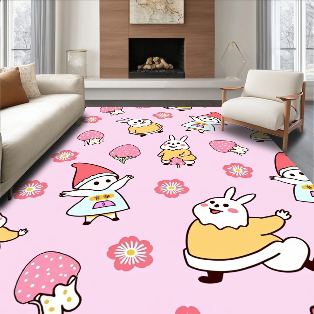 Whimsical Pink Bunny and Gnome Garden Rug