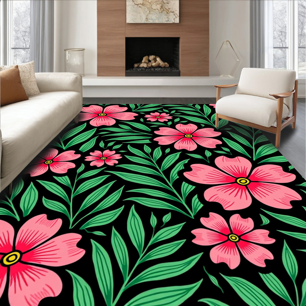 Vibrant Pink Floral Foliage Black Rug