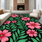 Vibrant Pink Floral Foliage Black Rug