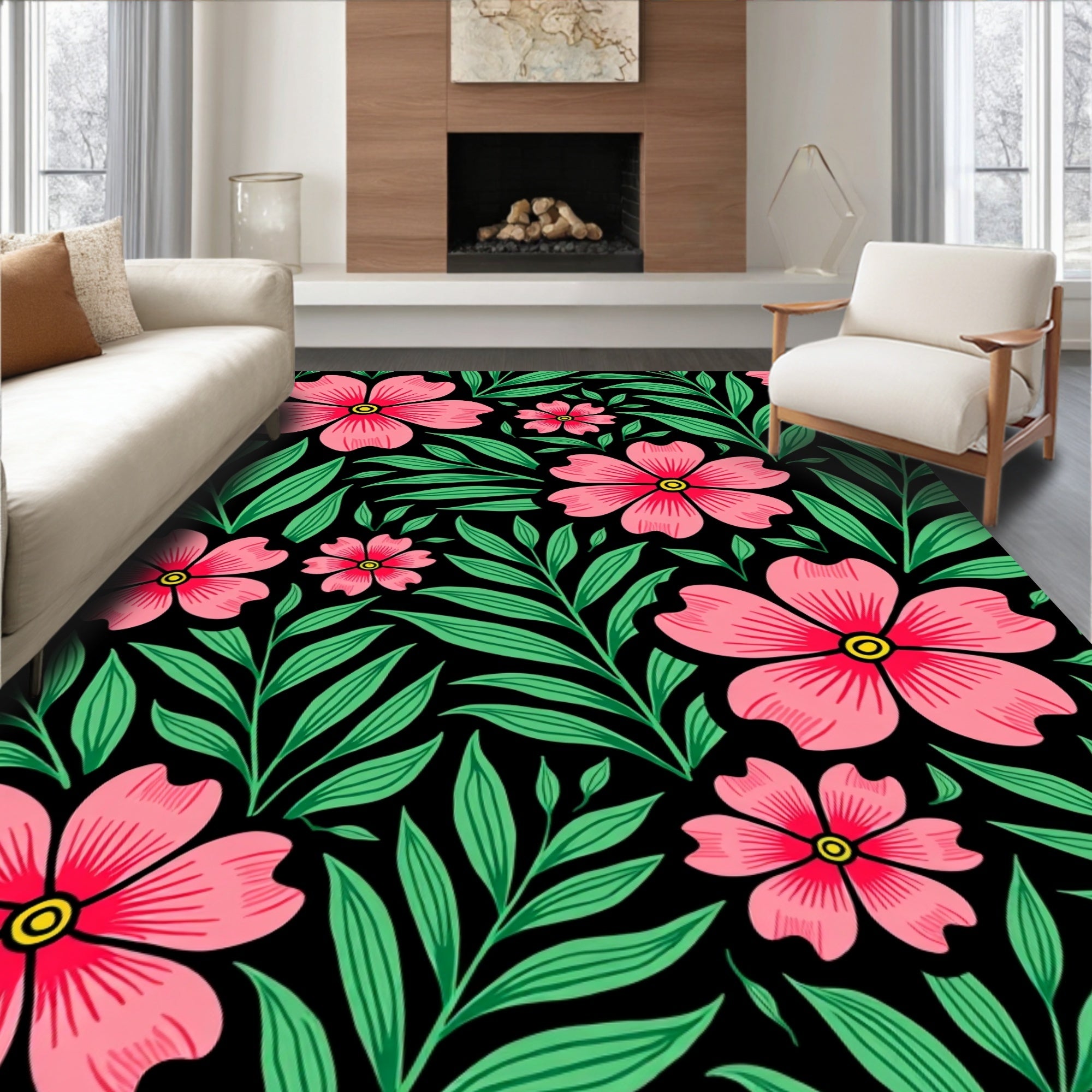 Vibrant Pink Floral Foliage Black Rug