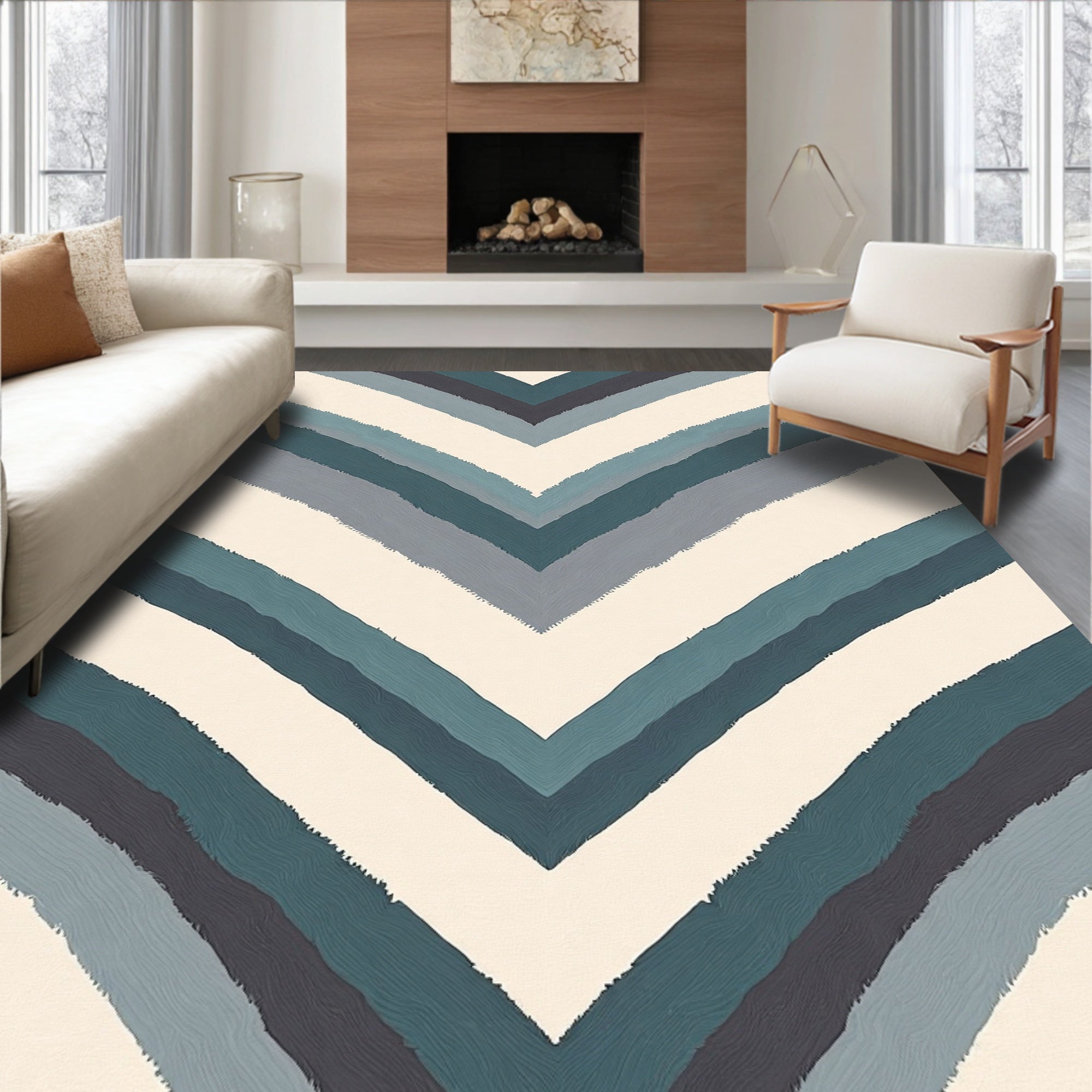 Teal Gray Cream Chevron Stripes Rug