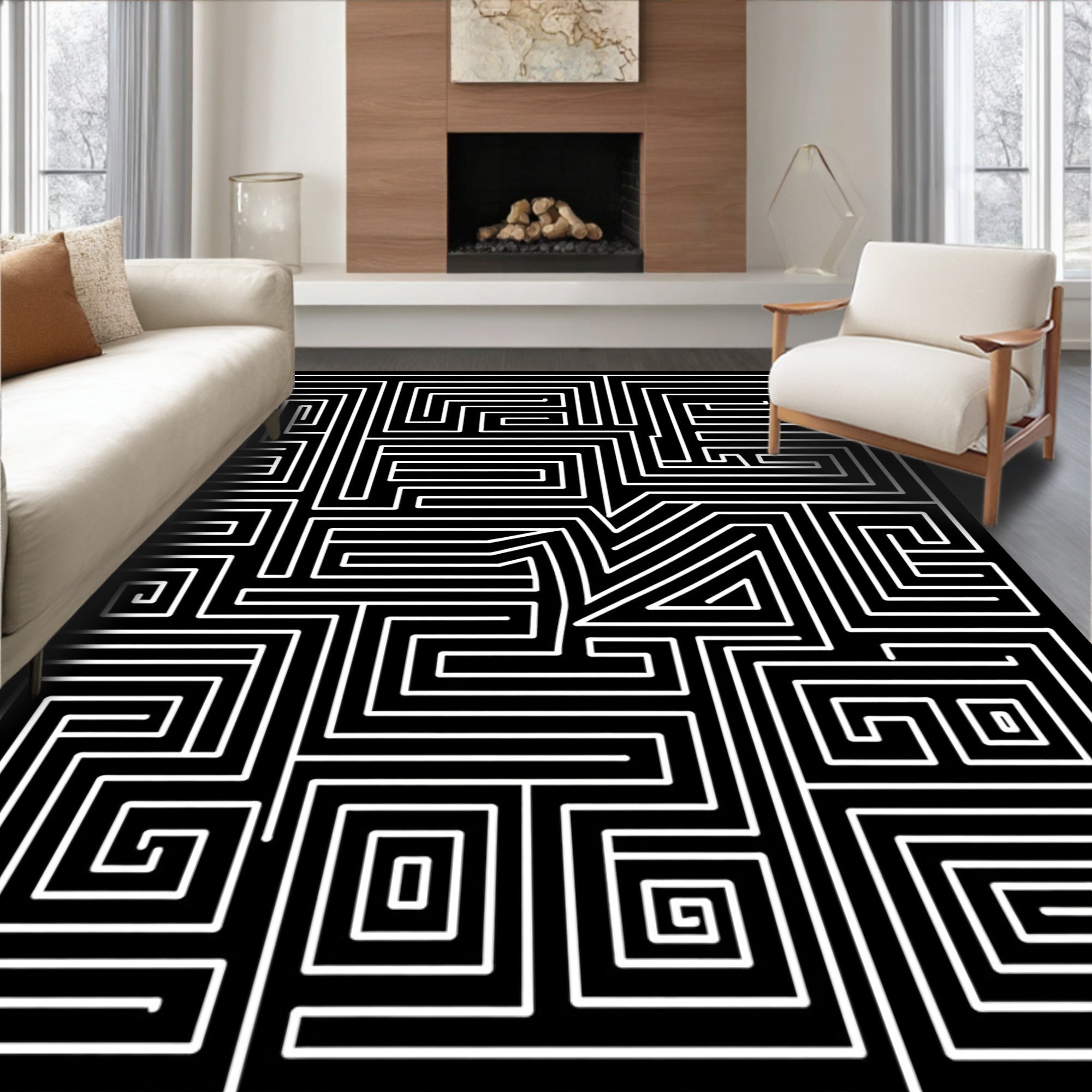 Monochromatic Black White Maze Lines Rug